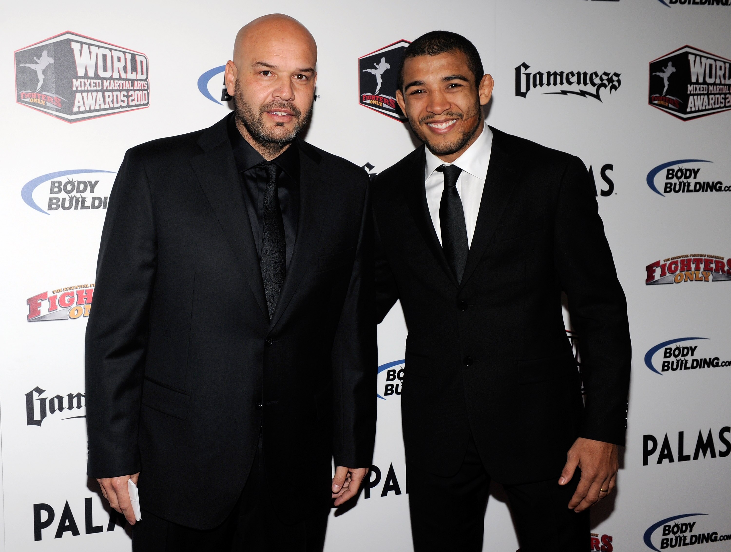 LAS VEGAS, NV - DECEMBER 01:  Mixed martial artist Jose Aldo (R) and his manager Ed Soares arrive at the third annual Fighters Only World Mixed Martial Arts Awards 2010 at the Palms Casino Resort December 1, 2010 in Las Vegas, Nevada.  (Photo by Ethan Mil