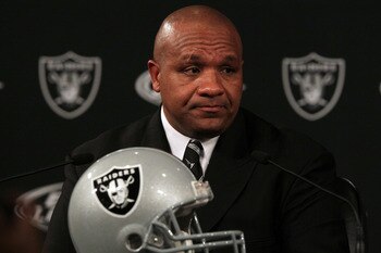 ALAMEDA, CA - JANUARY 18:  New Oakland Raiders coach Hue Jackson pauses as he speaks to reporters during a press conference on January 18, 2011 in Alameda, California. Hue Jackson was introduced as the new coach of the Oakland Raiders, replacing the fired