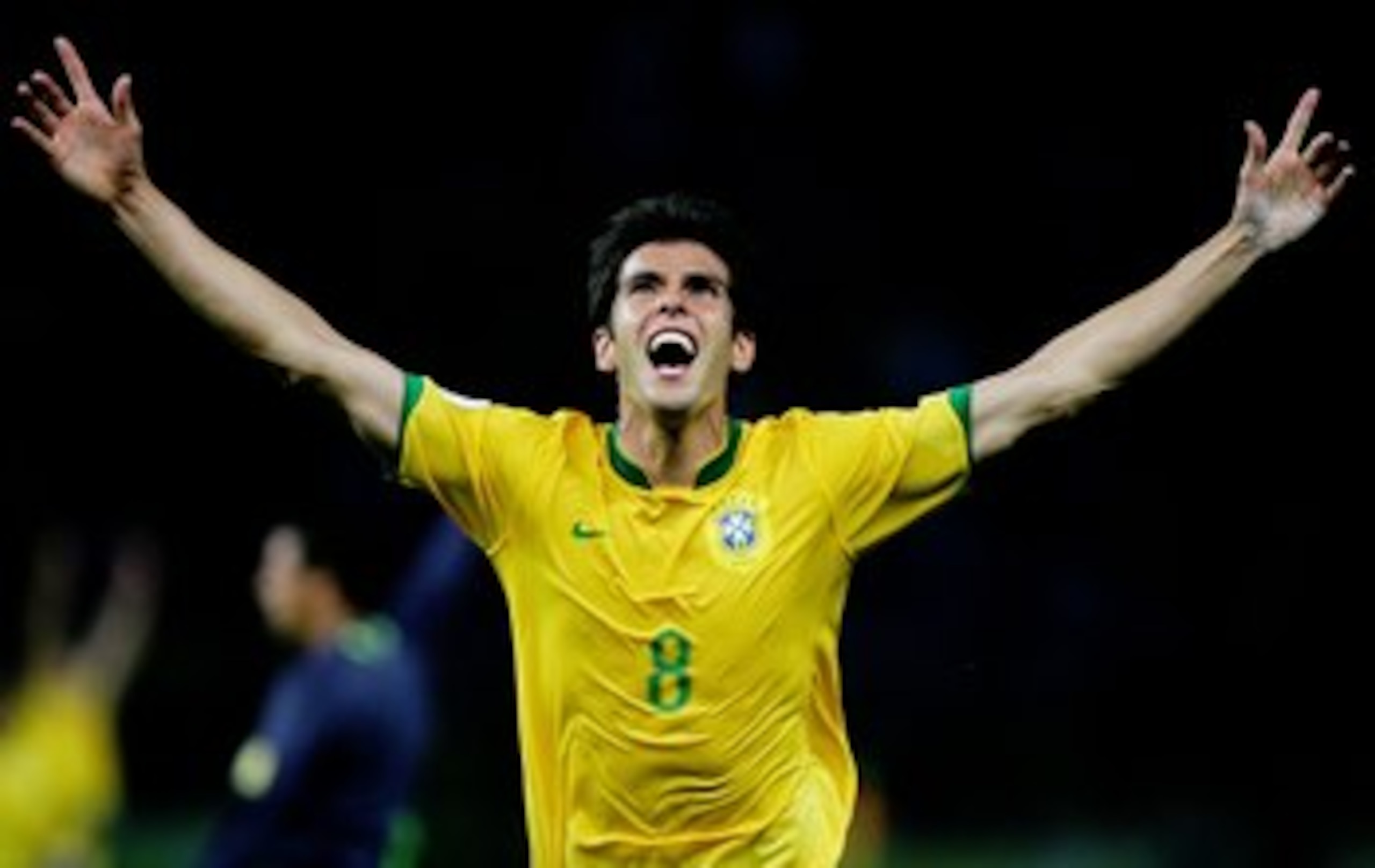 BERLIN - JUNE 13:  Kaka of Brazil celebrates scoring the opening goal during the FIFA World Cup Germany 2006 Group F match between Brazil and Croatia played at the Olympic Stadium on June 13, 2006 in Berlin, Germany.  (Photo by Alex Livesey/Getty Images)
