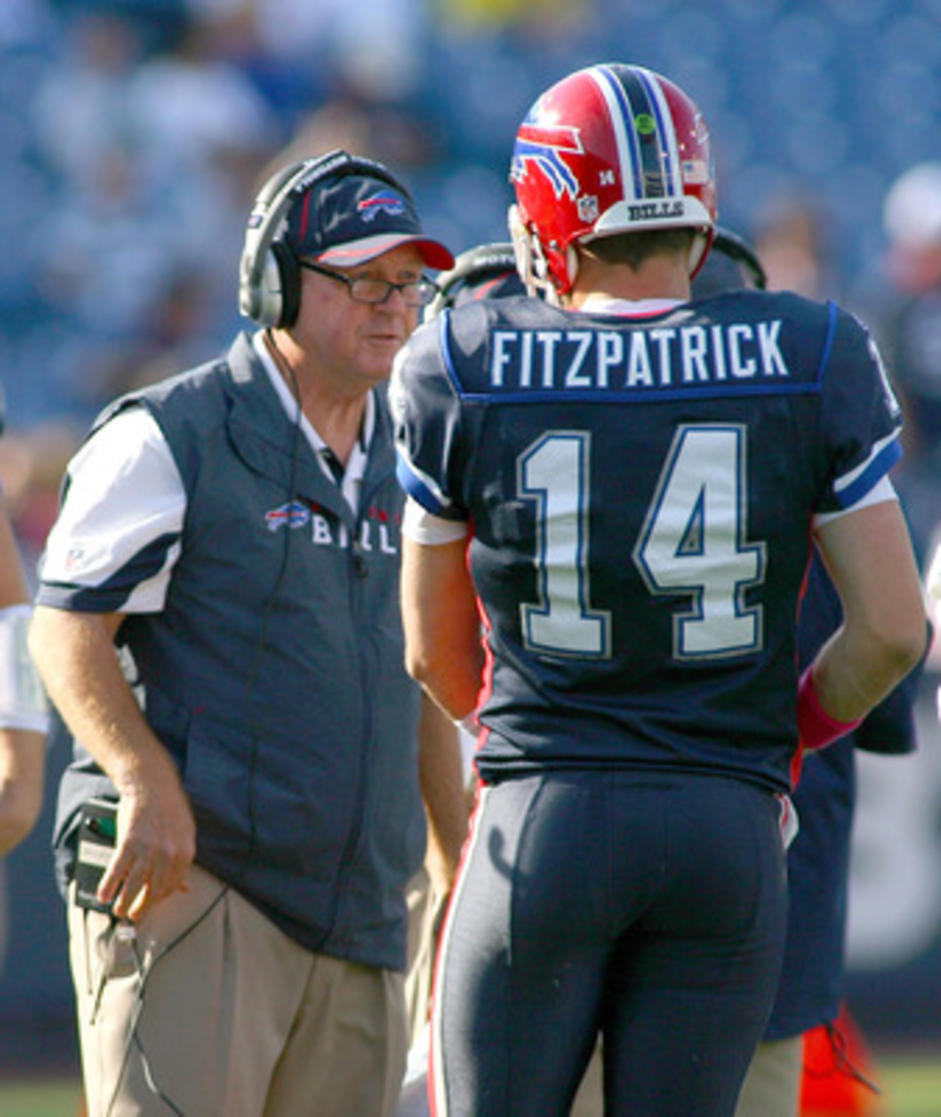 ORCHARD PARK, NY - OCTOBER 10:  Chan Gailey, head coach of the Buffalo Bills  talks to Ryan Fitzpatrick #24 during a timeout against the Jacksonville Jaguars at Ralph Wilson Stadium on October 10, 2010 in Orchard Park, New York. Jacksonville won 36-26.  (