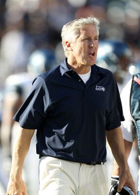 OAKLAND, CA - OCTOBER 31:  Head coach Pete Carroll of the Seattle Seahawks in action against the Oakland Raiders at Oakland-Alameda County Coliseum on October 31, 2010 in Oakland, California.  (Photo by Ezra Shaw/Getty Images)