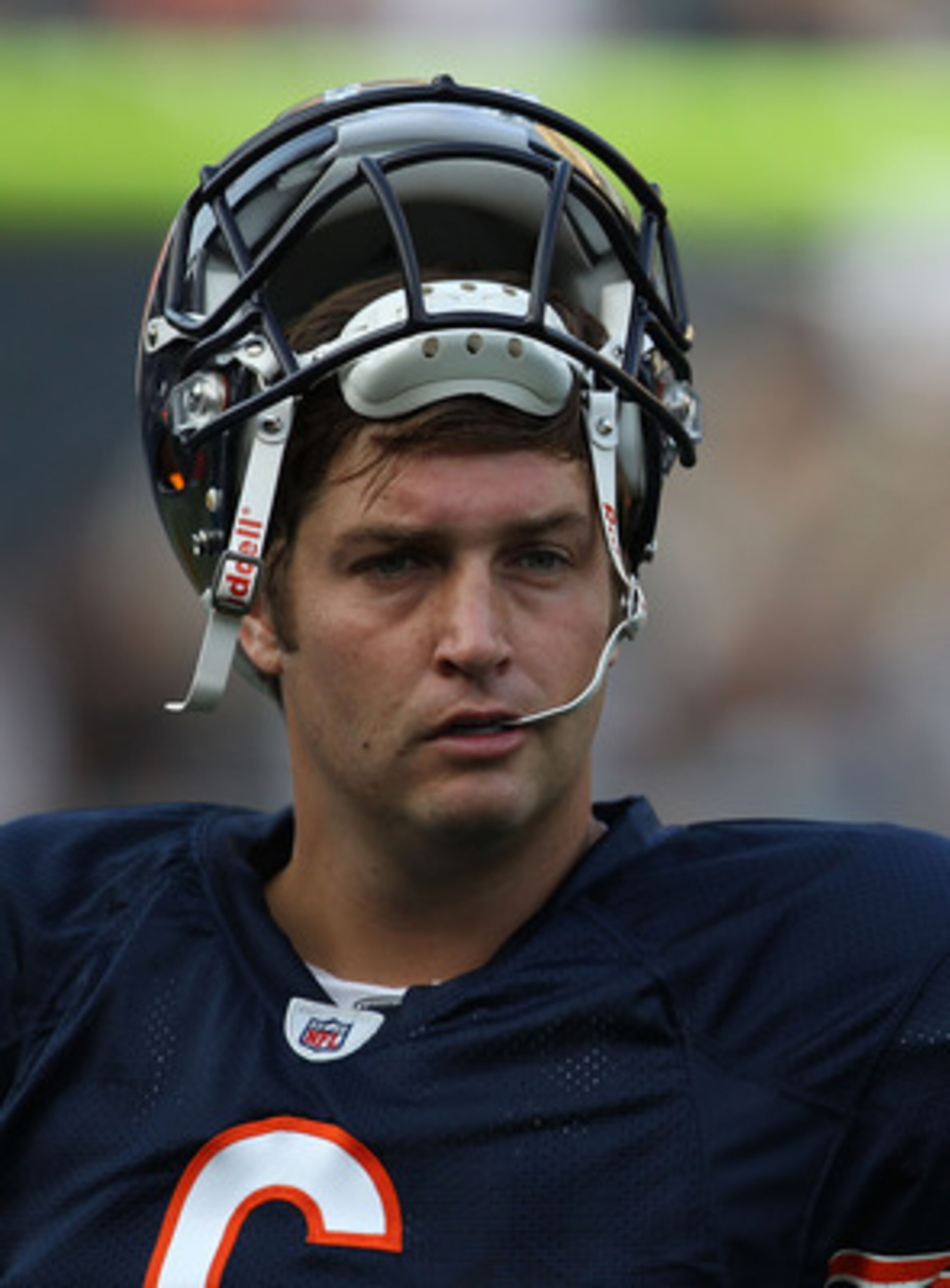 CHICAGO - AUGUST 21: Jay Cutler #6 of the Chicago Bears takes a break during warm-ups before a preseason game against the Oakland Raiders at Soldier Field on August 21, 2010 in Chicago, Illinois. The Raiders defeated the Bears 32-17. (Photo by Jonathan Da CHICAGO - AUGUST 21: Jay Cutler #6 of the Chicago Bears takes a break during warm-ups before a preseason game against the Oakland Raiders at Soldier Field on August 21, 2010 in Chicago, Illinois. The Raiders defeated the Bears 32-17. (Photo by Jonathan Da