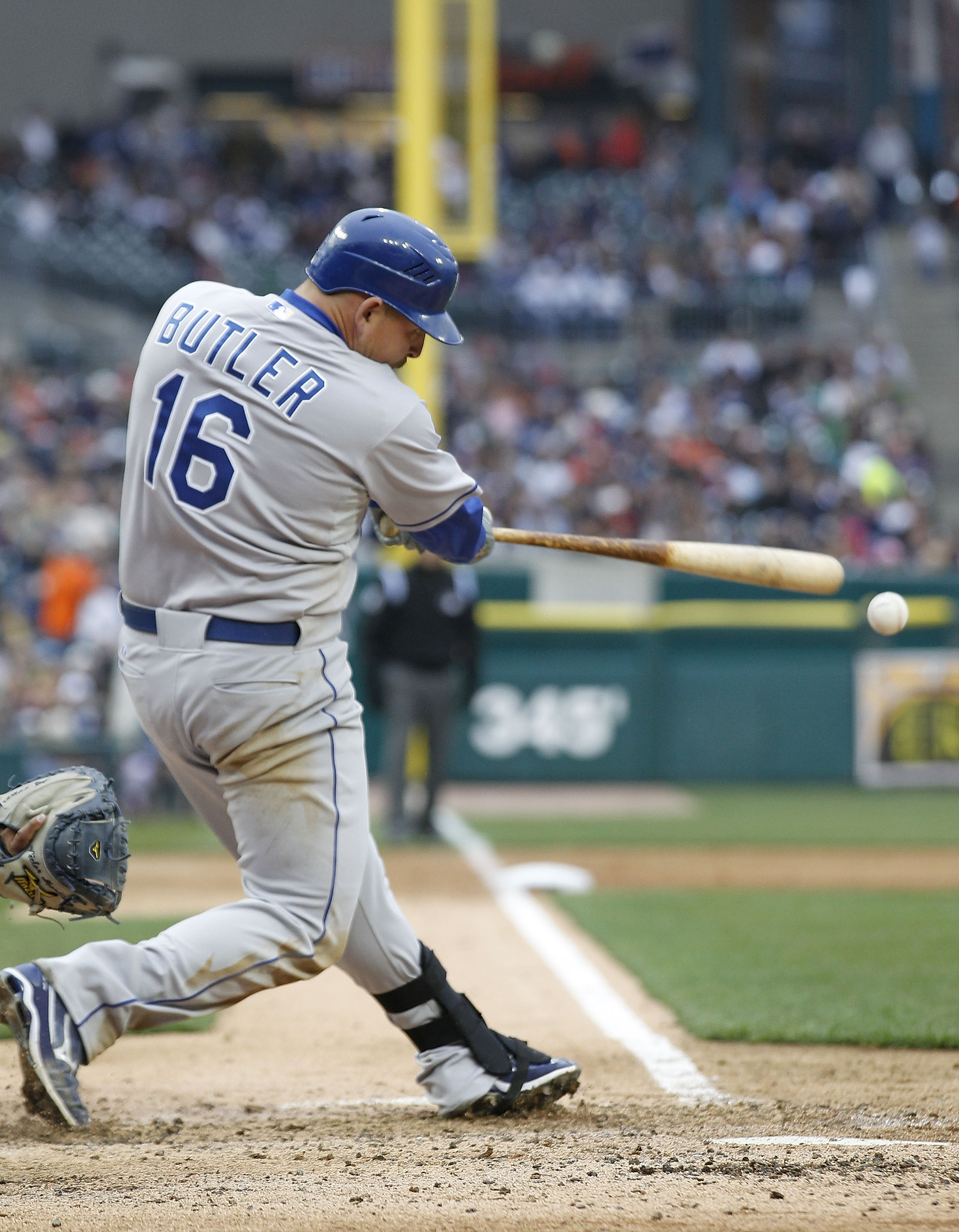 DETROIT - APRIL 09:  Billy Butler #16 of the Kansas City Royals doubles to left field in the ninth inning during the game against the Detroit Tigers at Comerica Park on April 9, 2011 in Detroit, Michigan. The Royals defeated the Tigers 3-1. (Photo by Leon