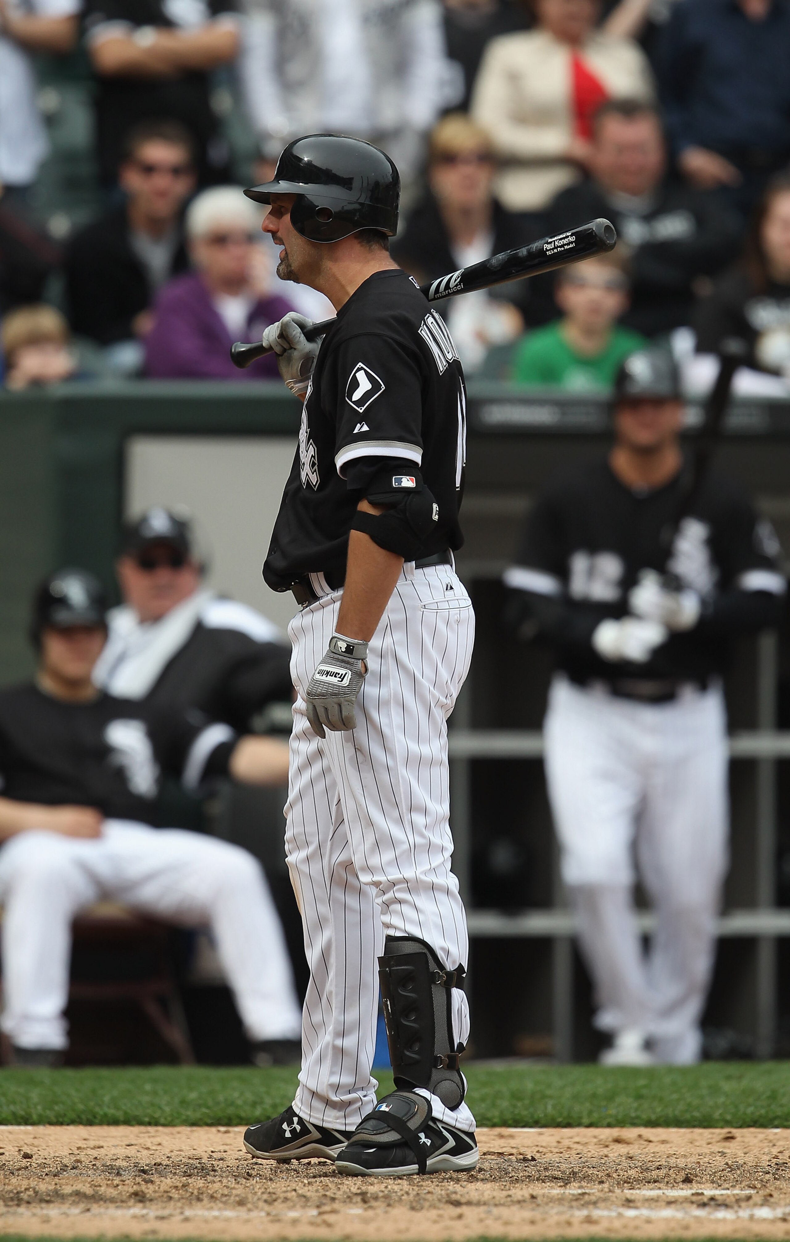 CHICAGO, IL - MAY 01: Paul Konerko #14 of the Chicago White Sox argues with the umpire after a called third strike against the Baltimore Orioles at U.S. Cellular Field on May 1, 2011 in Chicago, Illinois. The Orioles defeated the White Sox 6-4.  (Photo by