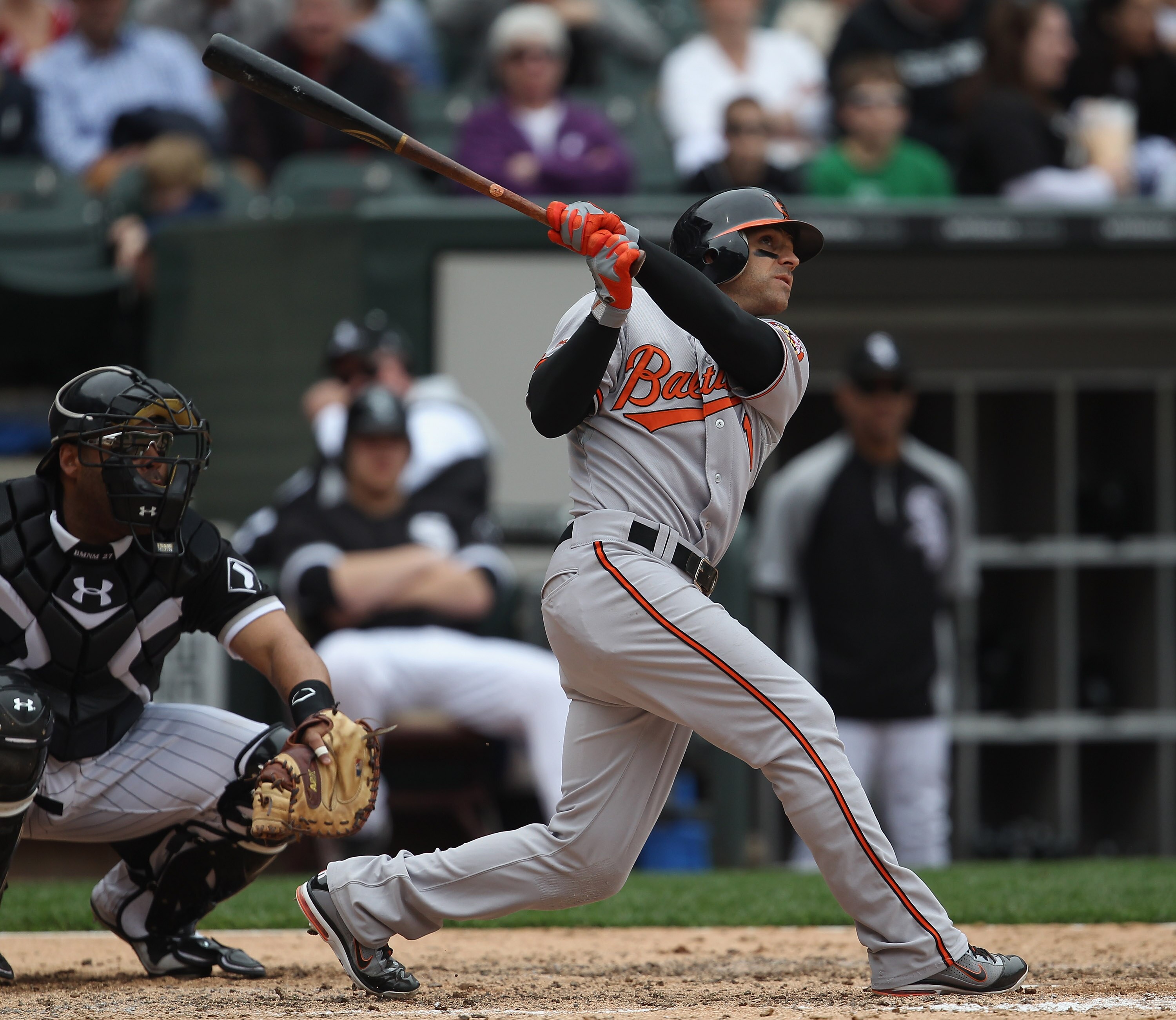 CHICAGO, IL - MAY 01: Brian Roberts #1 of the Baltimore Orioles hits the ball against the Chicago White Sox at U.S. Cellular Field on May 1, 2011 in Chicago, Illinois. The Orioles defeated the White Sox 6-4. (Photo by Jonathan Daniel/Getty Images)
