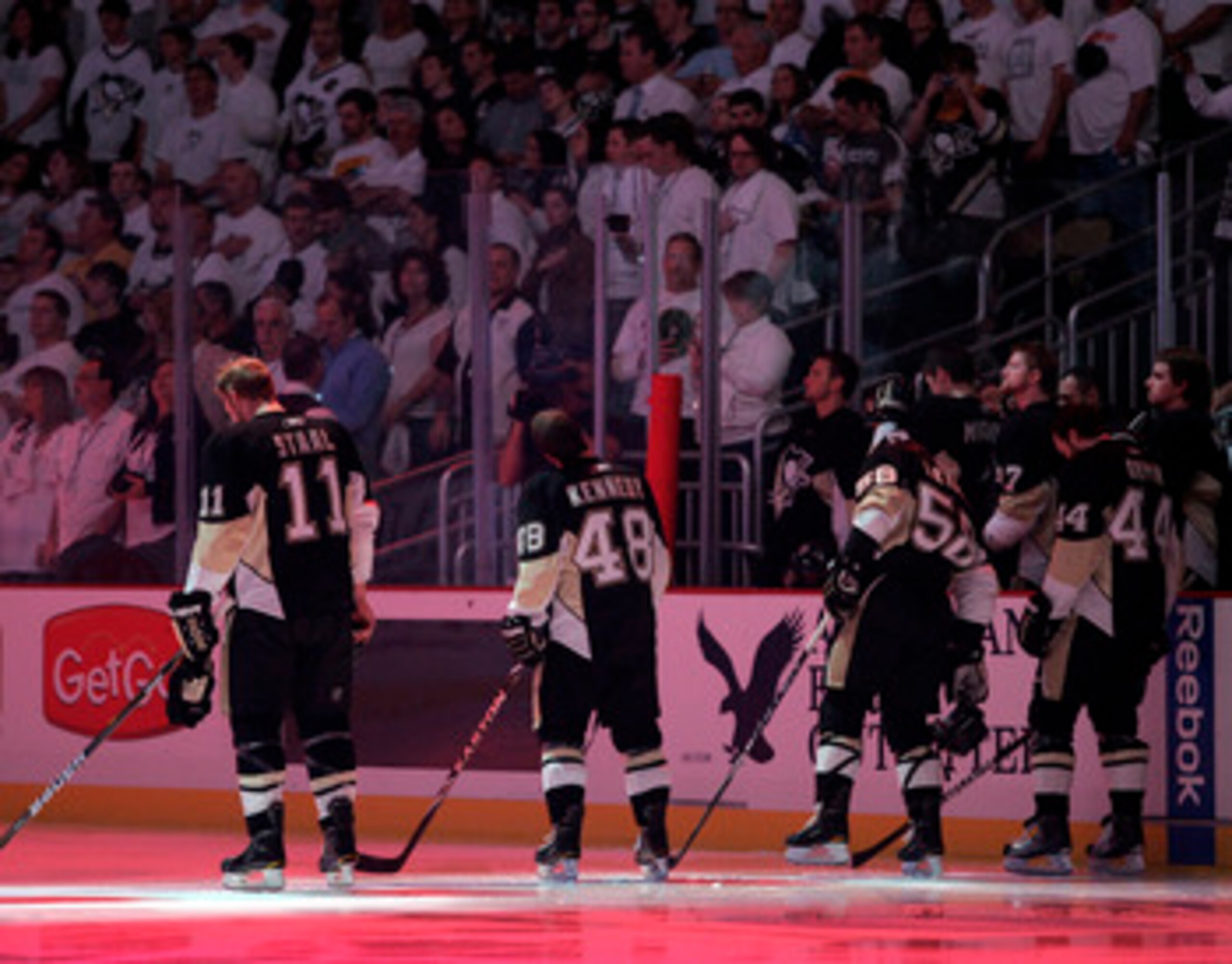 PITTSBURGH, PA - APRIL 27: The Pittsburgh Penguins stand during the National Anthem before the start of play against the Tampa Bay Lightning in Game Seven of the Eastern Conference Quarterfinals during the 2011 NHL Stanley Cup Playoffs at Consol Energy C PITTSBURGH, PA - APRIL 27: The Pittsburgh Penguins stand during the National Anthem before the start of play against the Tampa Bay Lightning in Game Seven of the Eastern Conference Quarterfinals during the 2011 NHL Stanley Cup Playoffs at Consol Energy C