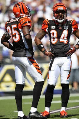 BALTIMORE - SEPTEMBER 7: Wide receivers Chad Johnson #85 and T.J. Houshmandzadeh of the Cincinnati Bengals stand on the field against the Baltimore Ravens at M&T Bank Stadium on September 7, 2008 in Baltimore, Maryland. The Ravens won 17-10. (Photo by Ned