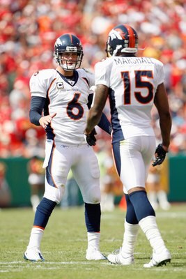 KANSAS CITY - SEPTEMBER 28:  Quarterback Jay Cutler #6 of the Denver Broncos looks to Brandon Marshall #15 during the game against the Kansas City Chiefs on September 28, 2008 at Arrowhead Stadium in Kansas City, Missouri. The Chiefs defeated the Broncos