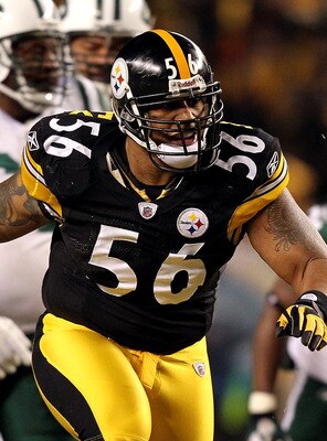PITTSBURGH, PA - JANUARY 23:  LaMarr Woodley #56 of the Pittsburgh Steelers reacts after a sack against the New York Jets during the 2011 AFC Championship game at Heinz Field on January 23, 2011 in Pittsburgh, Pennsylvania. The Steelers won 24-19. (Photo