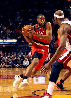 MIAMI, FL - MARCH 08:  Marcus Camby #23 of the Portland Trail Blazers drives to the basket during a game against the Miami Heat at American Airlines Arena on March 8, 2011 in Miami, Florida. NOTE TO USER: User expressly acknowledges and agrees that, by do