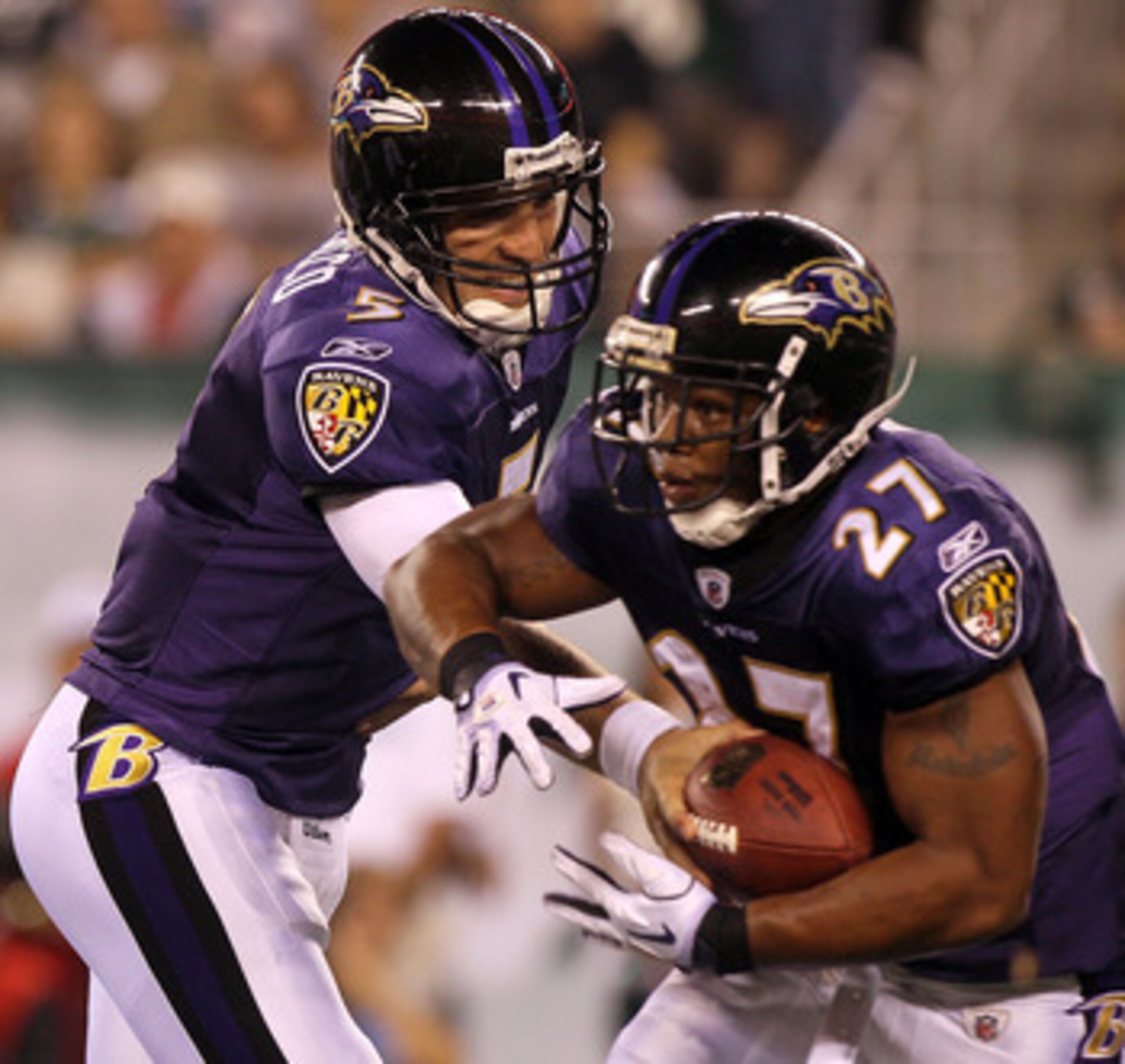 EAST RUTHERFORD, NJ - SEPTEMBER 13:  Ray Rice #27 of the Baltimore Ravens runs against the New York Jets during their home opener at the New Meadowlands Stadium on September 13, 2010 in East Rutherford, New Jersey.  (Photo by Jim McIsaac/Getty Images)