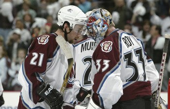 20 Apr 2002:  Peter Forsberg #21 and goalie Patrick Roy #33 of the Colorado Avalanche knock helmets after defeating the Los Angeles Kings in game two of their first round playoffs at the Pepsi Center in Denver, Colorado. The Avalanche won 5-3, to go up tw