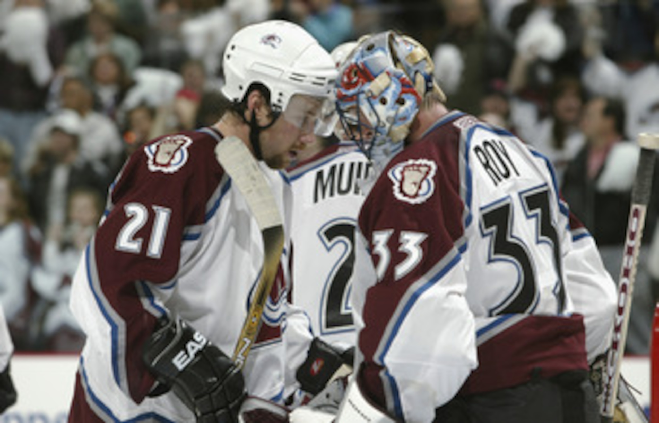 20 Apr 2002:  Peter Forsberg #21 and goalie Patrick Roy #33 of the Colorado Avalanche knock helmets after defeating the Los Angeles Kings in game two of their first round playoffs at the Pepsi Center in Denver, Colorado. The Avalanche won 5-3, to go up tw