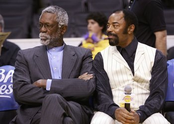LOS ANGELES - MAY 4:  NBA Legends William 'Bill' Russell (L) and Walt Frazier interview with Lakers TV before the Los Angeles Lakers play against the Phoenix Suns in game six of the Western Conference Quarterfinals during the 2006 NBA Playoffs on May 4, 2