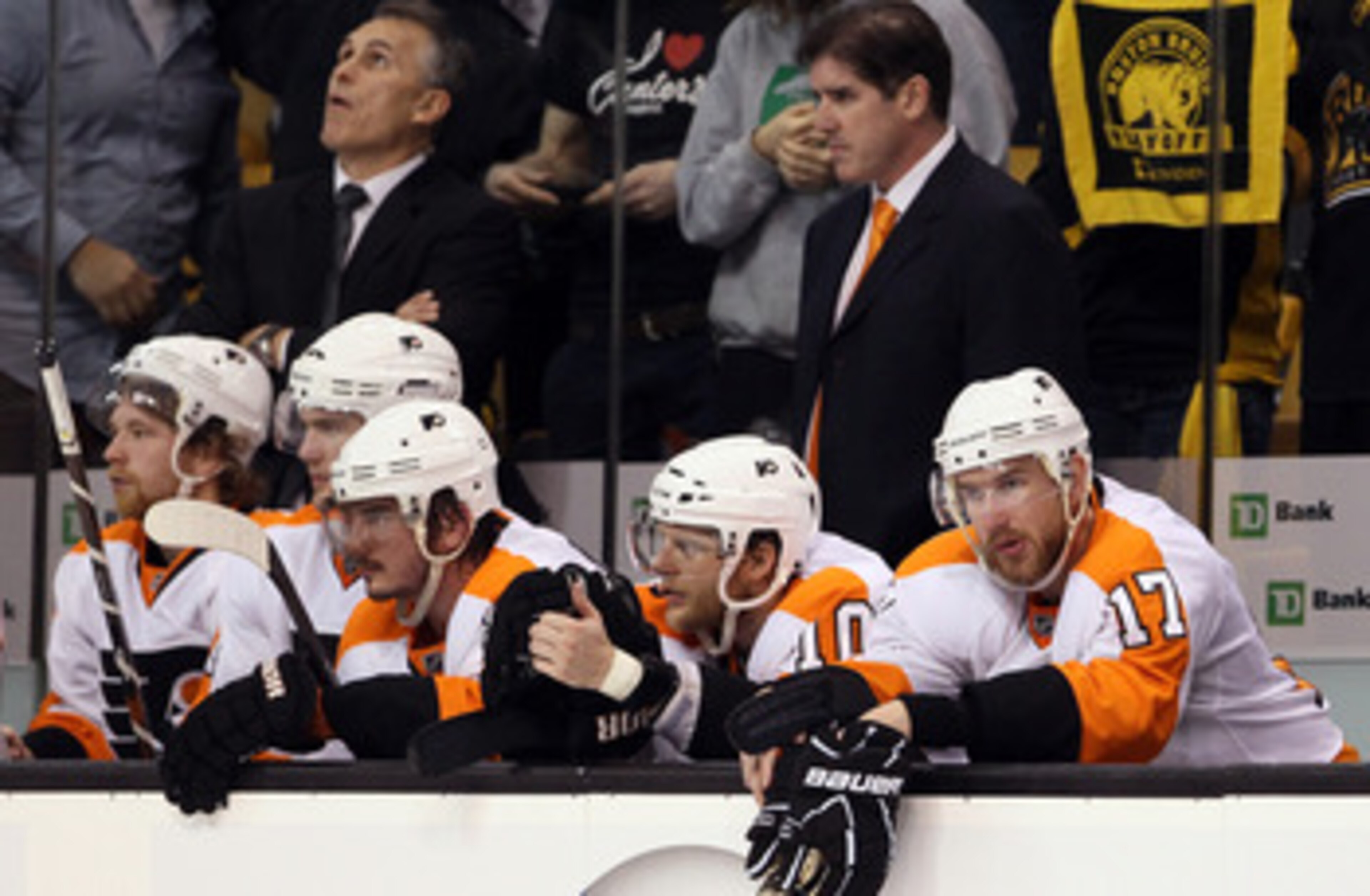 BOSTON, MA - MAY 04: Nikolay Zherdev #93, Kris Versteeg #10 and Jeff Carter #17 of the Philadelphia Flyers look on late in the third period against the Boston Bruins  in Game Three of the Eastern Conference Semifinals during the 2011 NHL Stanley Cup Playo