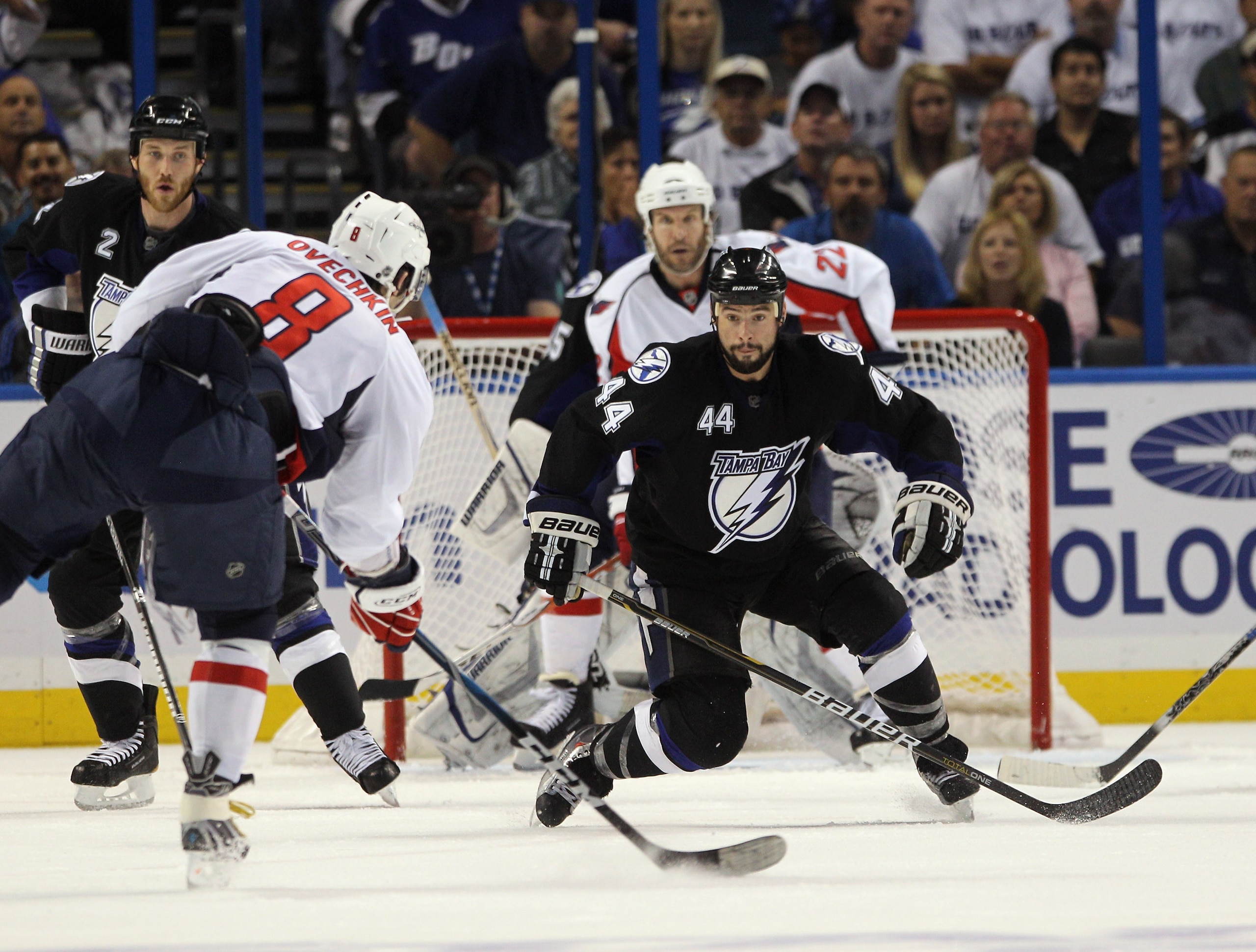 TAMPA, FL - MAY 03: Nate Thompson #44 of the Tampa Bay Lightning blocks a shot against the Washington Capitals in Game Three of the Eastern Conference Semifinals during the 2011 NHL Stanley Cup Playoffs at St Pete Times Forum on May 3, 2011 in Tampa, Flor