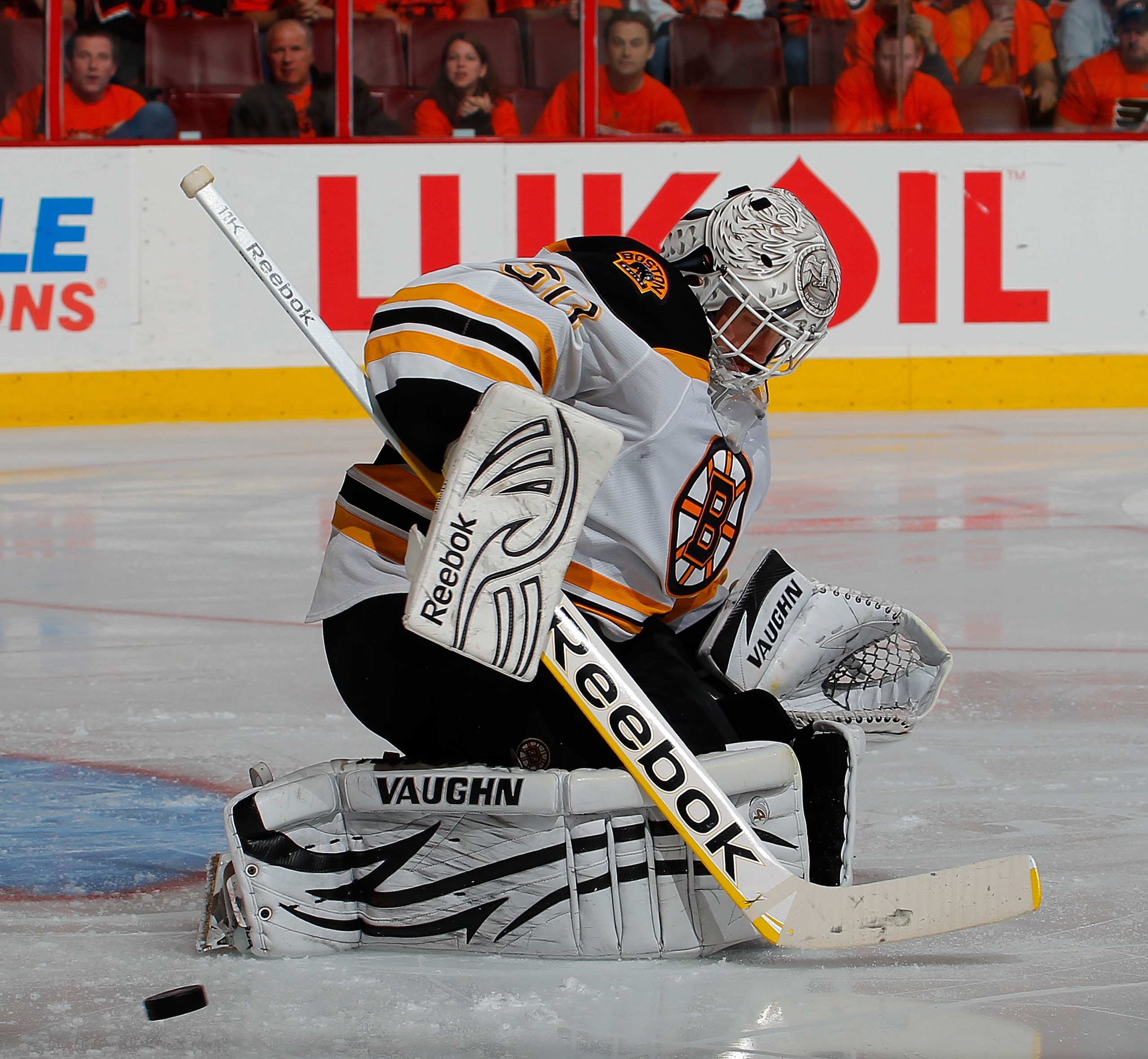 PHILADELPHIA, PA - MAY 02:  Goalie Tim Thomas #30 of the Boston Bruins makes a save during Game Two of the Eastern Conference Semifinals against the Philadelphia Flyers during the 2011 NHL Stanley Cup Playoffs at Wells Fargo Center on May 2, 2011 in Phila