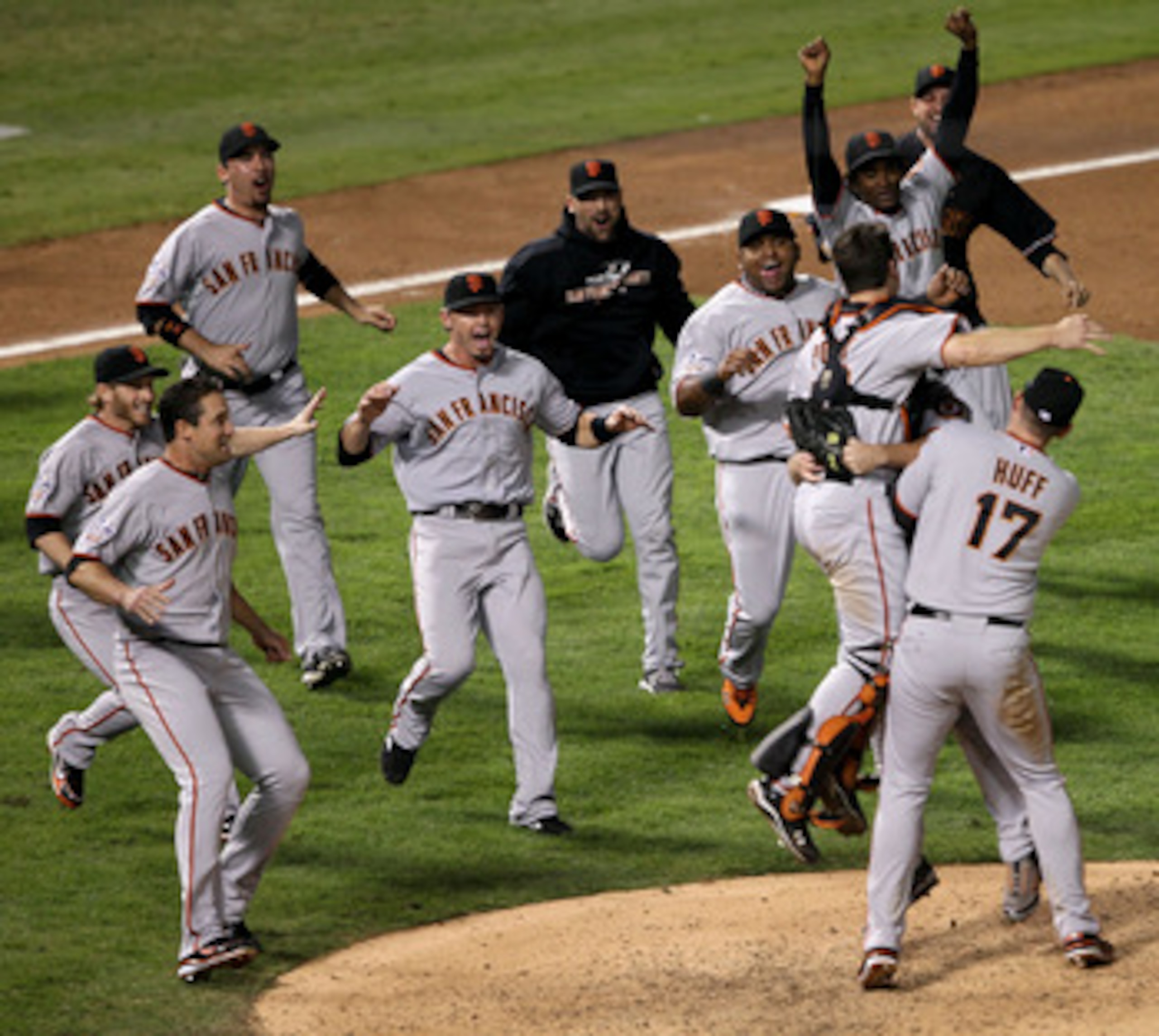 ARLINGTON, TX - NOVEMBER 01: The San Francisco Giants including Mark DeRosa and Aubrey Huff celebrate their 3-1 victory to win the World Series over the Texas Rangers in Game Five of the 2010 MLB World Series at Rangers Ballpark in Arlington on November ARLINGTON, TX - NOVEMBER 01: The San Francisco Giants including Mark DeRosa and Aubrey Huff celebrate their 3-1 victory to win the World Series over the Texas Rangers in Game Five of the 2010 MLB World Series at Rangers Ballpark in Arlington on November