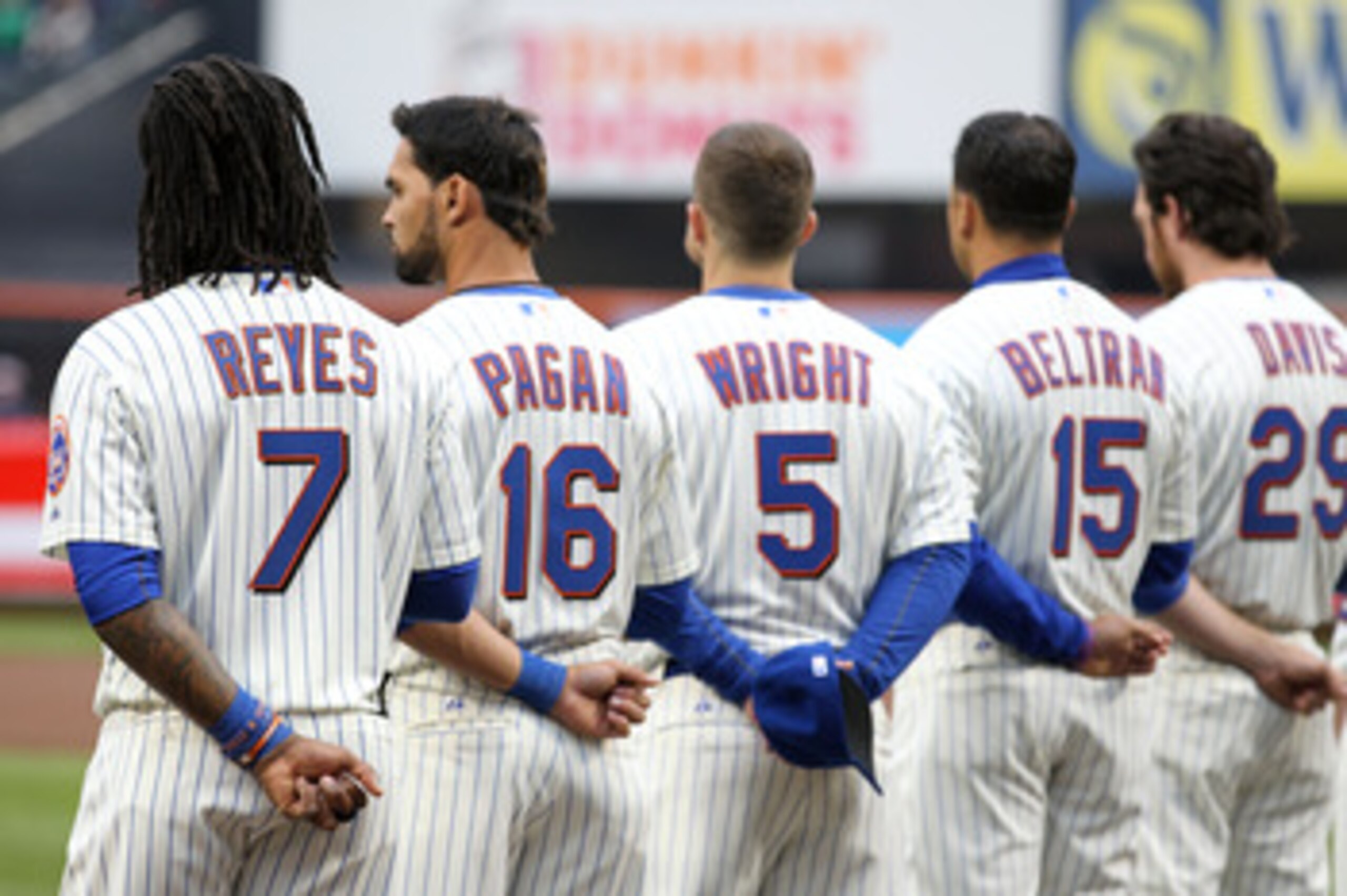 NEW YORK, NY - APRIL 08: (L-R) Jose Reyes #7, Angel Pagan #16, David Wright #5, Carlos Beltran #15 and Ike Davis #29 of the New York Mets line up during pregame festivities against the Washington Nationals during the Mets' Home Opener at Citi Field on Ap NEW YORK, NY - APRIL 08: (L-R) Jose Reyes #7, Angel Pagan #16, David Wright #5, Carlos Beltran #15 and Ike Davis #29 of the New York Mets line up during pregame festivities against the Washington Nationals during the Mets' Home Opener at Citi Field on Ap