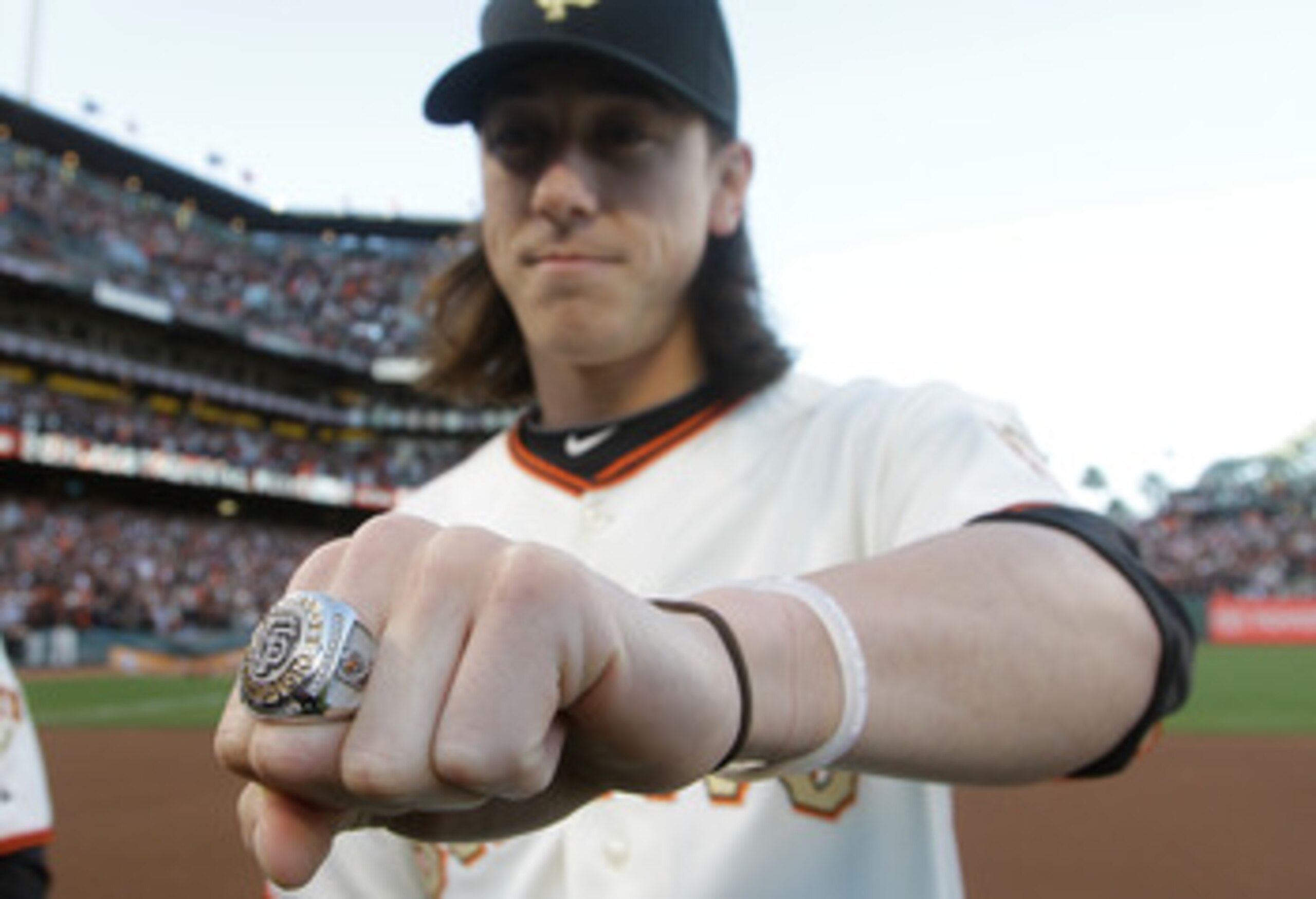 SAN FRANCISCO, CA - APRIL 09: Tim Lincecum #55 of the San Francisco Giants holds up his World Series ring before the start of the game against the St. Louis Cardinals at AT&T Park on April 9, 2011 in San Francisco, California. (Photo by Eric Risberg-Poo SAN FRANCISCO, CA - APRIL 09: Tim Lincecum #55 of the San Francisco Giants holds up his World Series ring before the start of the game against the St. Louis Cardinals at AT&T Park on April 9, 2011 in San Francisco, California. (Photo by Eric Risberg-Poo