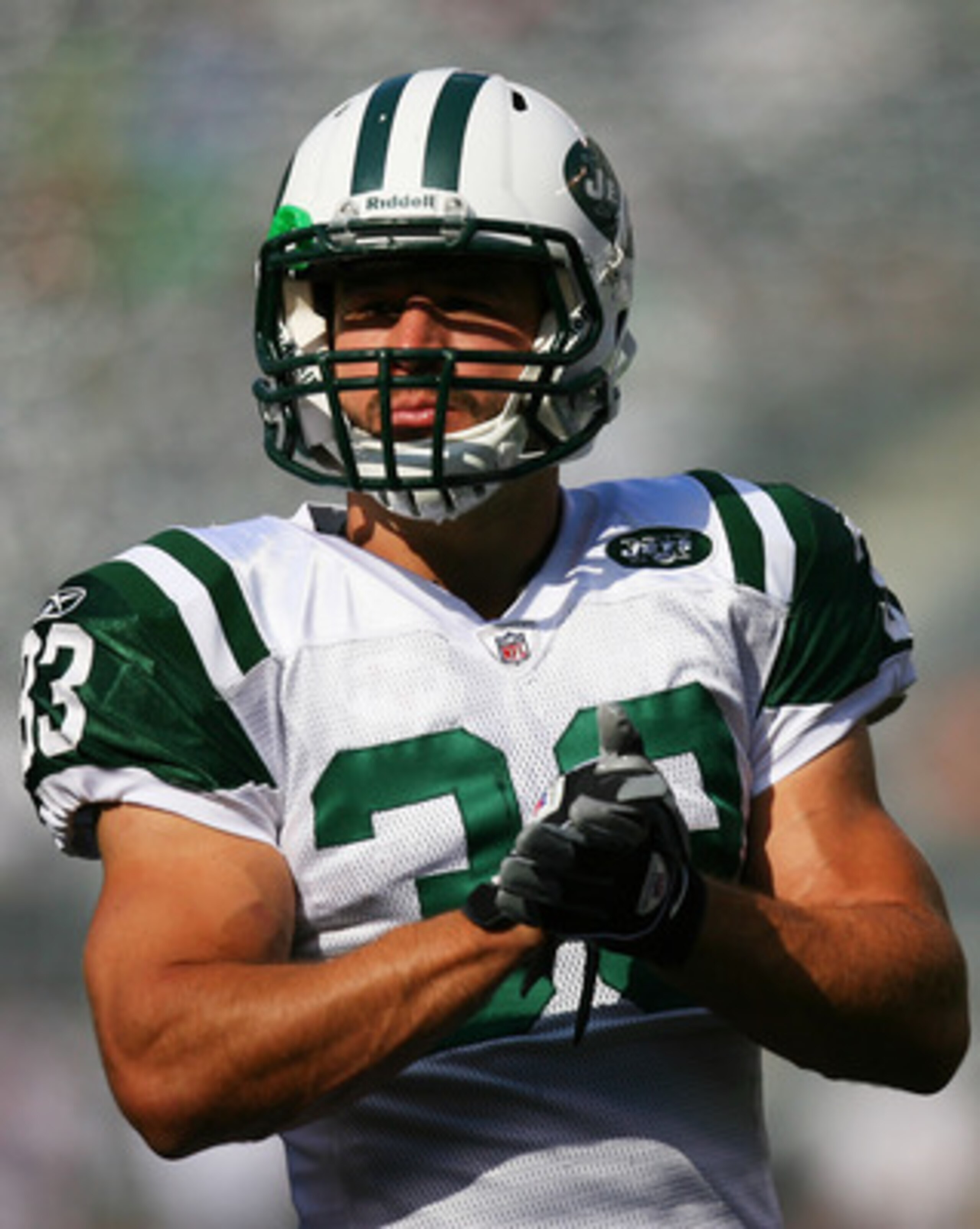 EAST RUTHERFORD, NJ - SEPTEMBER 19: Eric Smith #33 of the New York Jets warms up before a game against the New England Patriots at the New Meadowlands Stadium on September 19, 2010 in East Rutherford, New Jersey. (Photo by Andrew Burton/Getty Images) EAST RUTHERFORD, NJ - SEPTEMBER 19: Eric Smith #33 of the New York Jets warms up before a game against the New England Patriots at the New Meadowlands Stadium on September 19, 2010 in East Rutherford, New Jersey. (Photo by Andrew Burton/Getty Images)