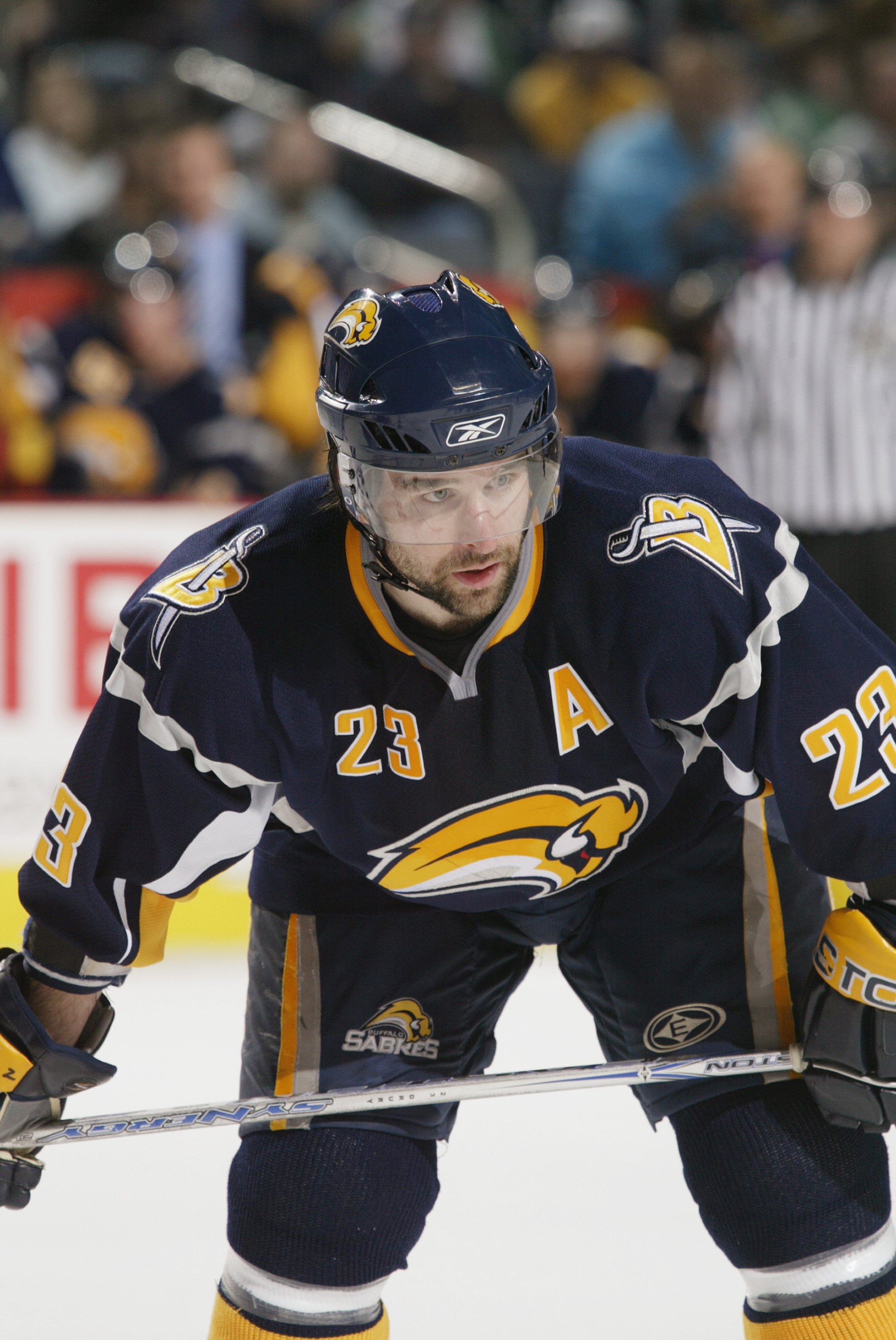 BUFFALO - APRIL 25:  Chris Drury #23 of the Buffalo Sabres gets set for a face off against the New York Rangers in Game 1 of the Eastern Conference Semifinals during the 2007 NHL Stanley Cup Playoffs on April 25, 2007 at HSBC Arena in Buffalo, New York.