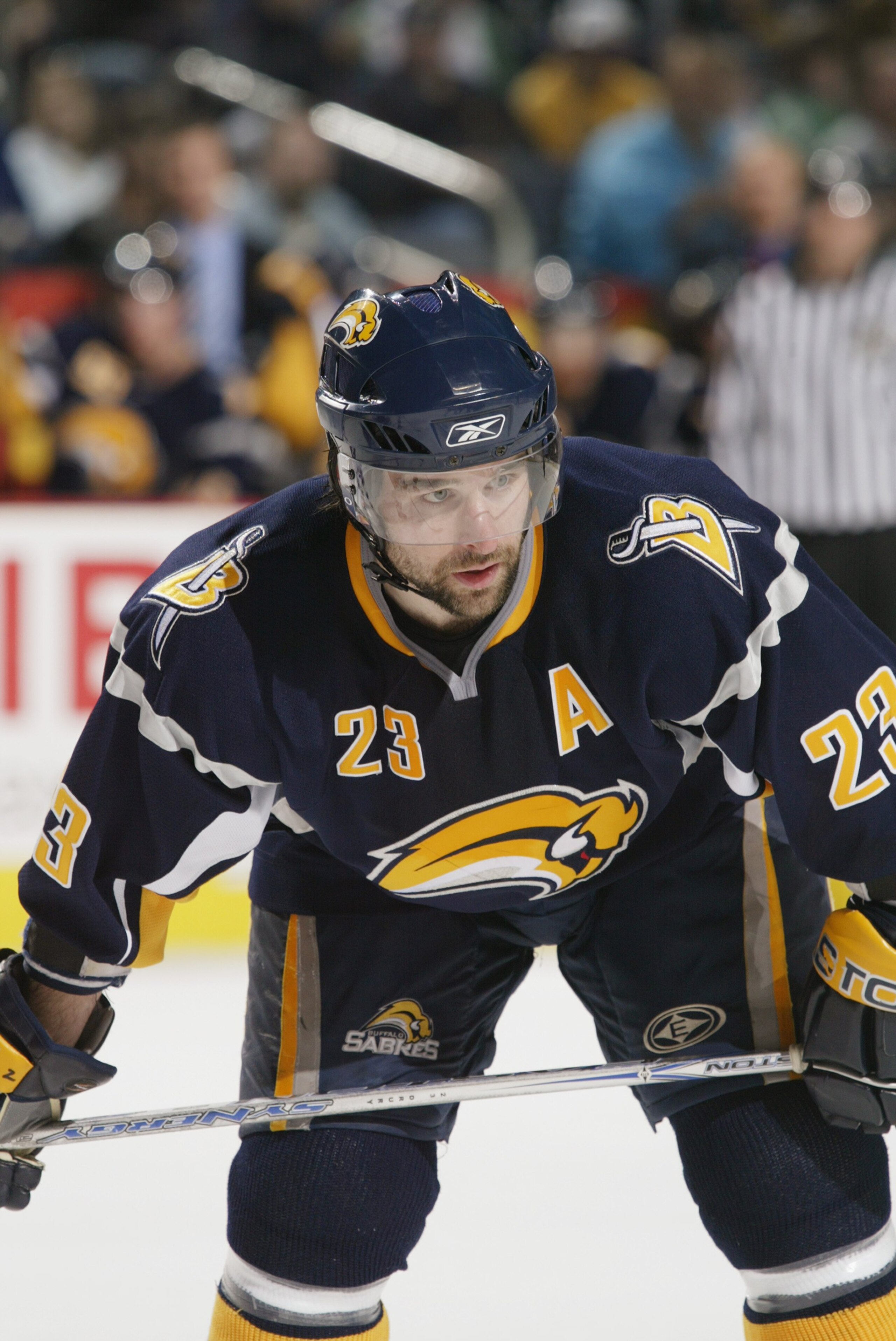 BUFFALO - APRIL 25:  Chris Drury #23 of the Buffalo Sabres gets set for a face off against the New York Rangers in Game 1 of the Eastern Conference Semifinals during the 2007 NHL Stanley Cup Playoffs on April 25, 2007 at HSBC Arena in Buffalo, New York.