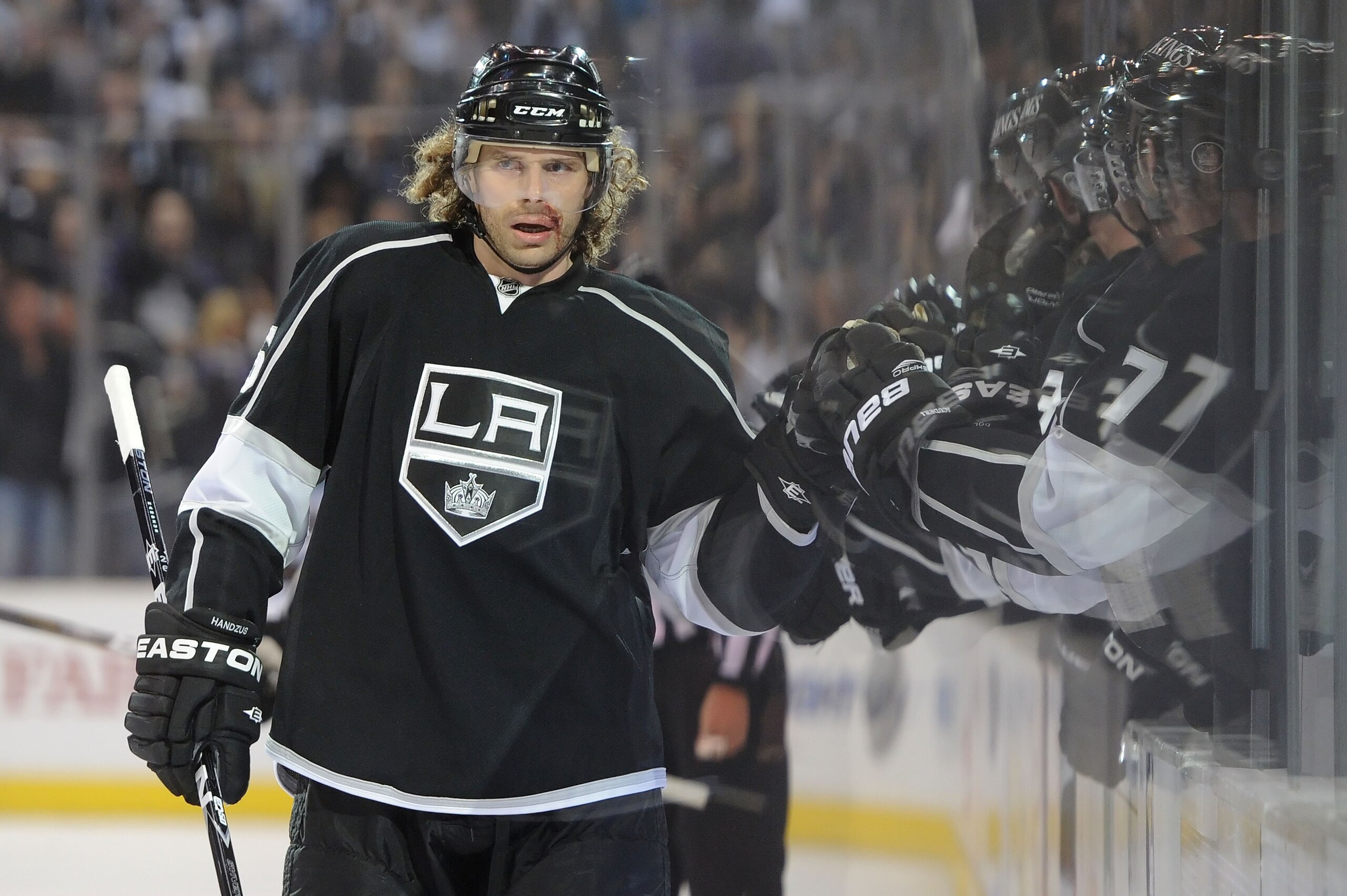 LOS ANGELES, CA - APRIL 19:  Michal Handzus #26 of the Los Angeles Kings celebrates with teammates after scoring a goal in the first period against the San Jose Sharks in game three of the Western Conference Quarterfinals during the 2011 NHL Stanley Cup P