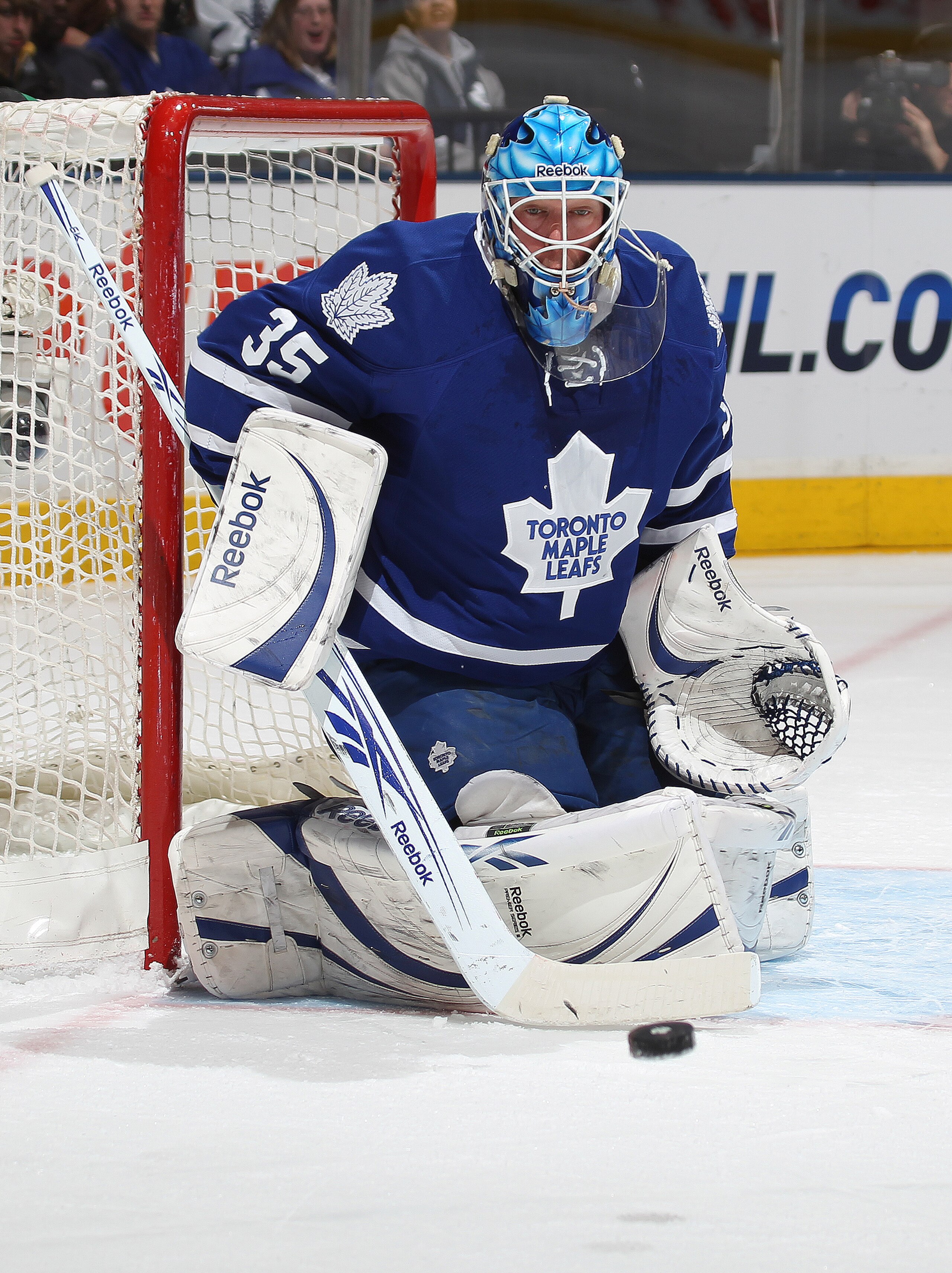 TORONTO, CANADA - FEBRUARY 7:  JS Giguere #35 of the Toronto Maple Leafs makes a save in a game against the Atlanta Thrashers on February 7, 2011 at the Air Canada Centre in Toronto, Canada. (Photo by Claus Andersen/Getty Images)