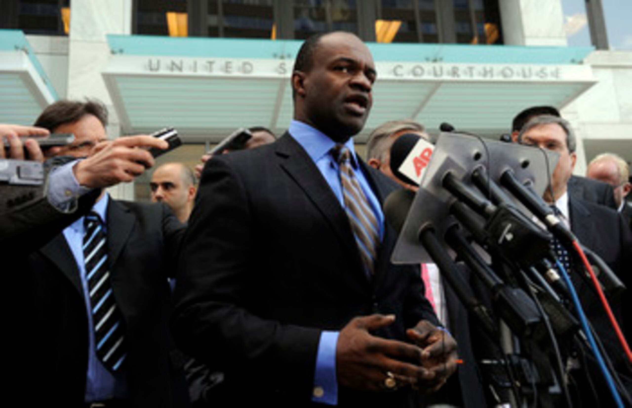 SAINT PAUL, MN - APRIL 6: Former NFL Players Association executive director DeMaurice Smith speaks to members of the media following a hearing at the U.S. Courthouse on April 6, 2011 in Saint Paul, Minnesota. NFL players have filed an antitrust lawsuit ag