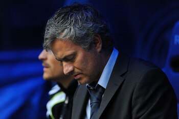 MADRID, SPAIN - APRIL 30: Head coach of Real Madrid Jose Mourinho looks down before the start of  the La Liga match between Real Madrid and Real Zaragona at Estadio Santiago Bernabeu on April 30, 2011 in Madrid, Spain.  (Photo by Denis Doyle/Getty Images)