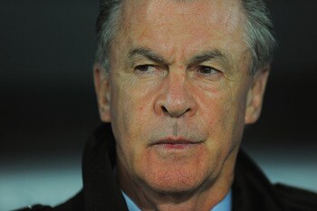 BASEL, SWITZERLAND - SEPTEMBER 07:  Switzerland manager Ottmar Hitzfeld looks on before the UEFA EURO 2012 Group G qualifier between Switzerland and England at St Jakob Park on September 7, 2010 in Basel, Switzerland.  (Photo by Michael Regan/Getty Images