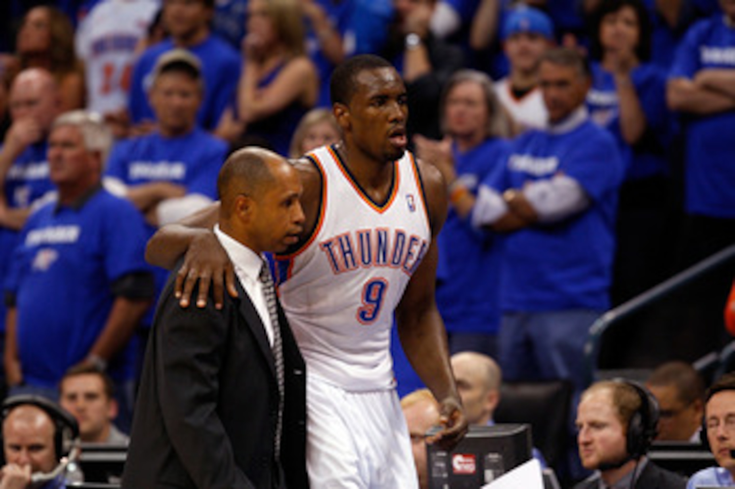 OKLAHOMA CITY, OK - MAY 03:  Guard Serge Ibaka #9 of the Oklahoma City Thunder is helped off the court after falling against the Memphis Grizzlies in Game Two of the Western Conference Semifinals in the 2011 NBA Playoffs on May 3, 2011 at Oklahoma City Ar
