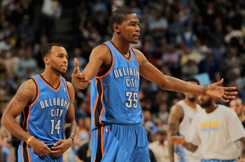 DENVER, CO - APRIL 25:  Kevin Durant #35 of the Oklahoma City Thunder reacts to a call a the Thunder face the Denver Nuggets in Game Four of the Western Conference Quarterfinals in the 2011 NBA Playoffs on April 24, 2011 at the Pepsi Center in Denver, Col