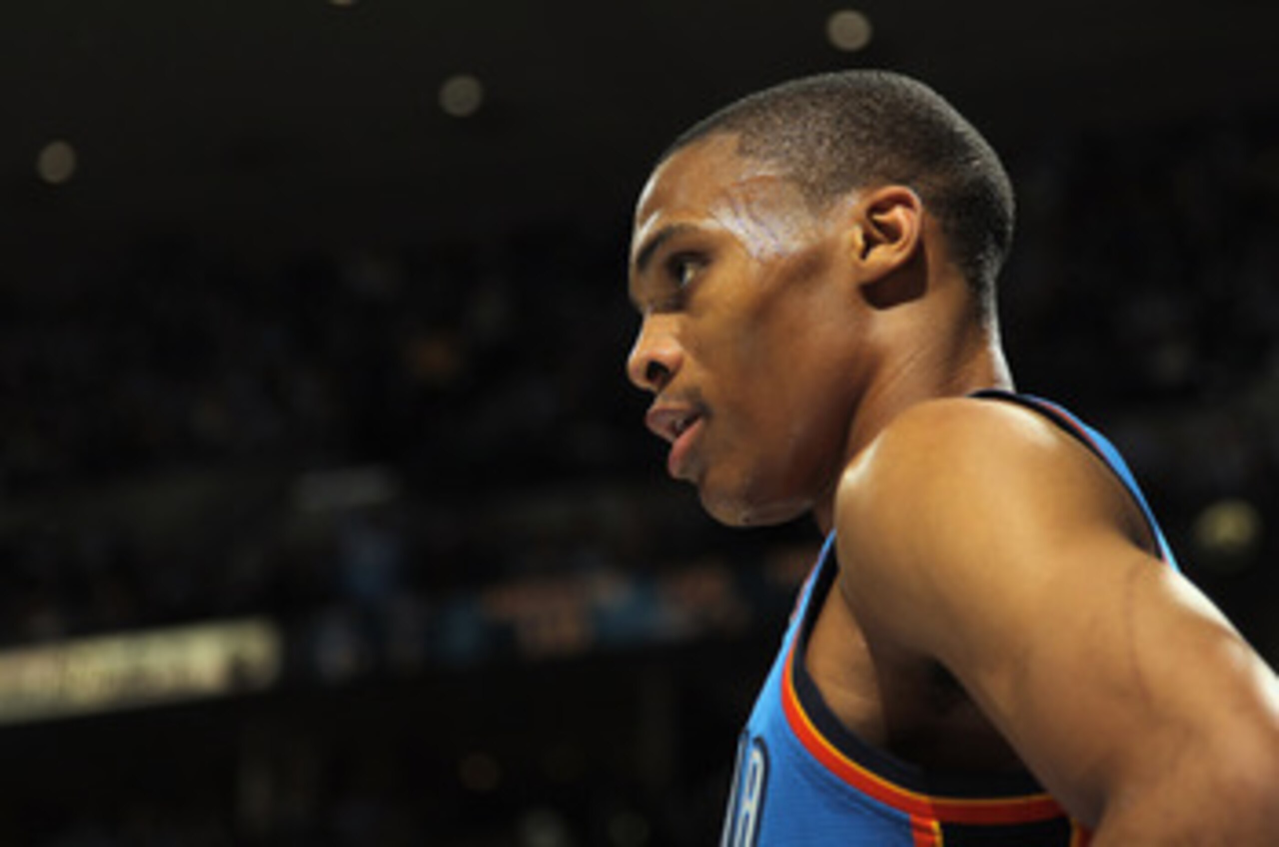 DENVER, CO - APRIL 25:  Russell Westbrook #0 of the Oklahoma City Thunder looks on against the Denver Nuggets in Game Four of the Western Conference Quarterfinals in the 2011 NBA Playoffs on April 24, 2011 at the Pepsi Center in Denver, Colorado. The Nugg