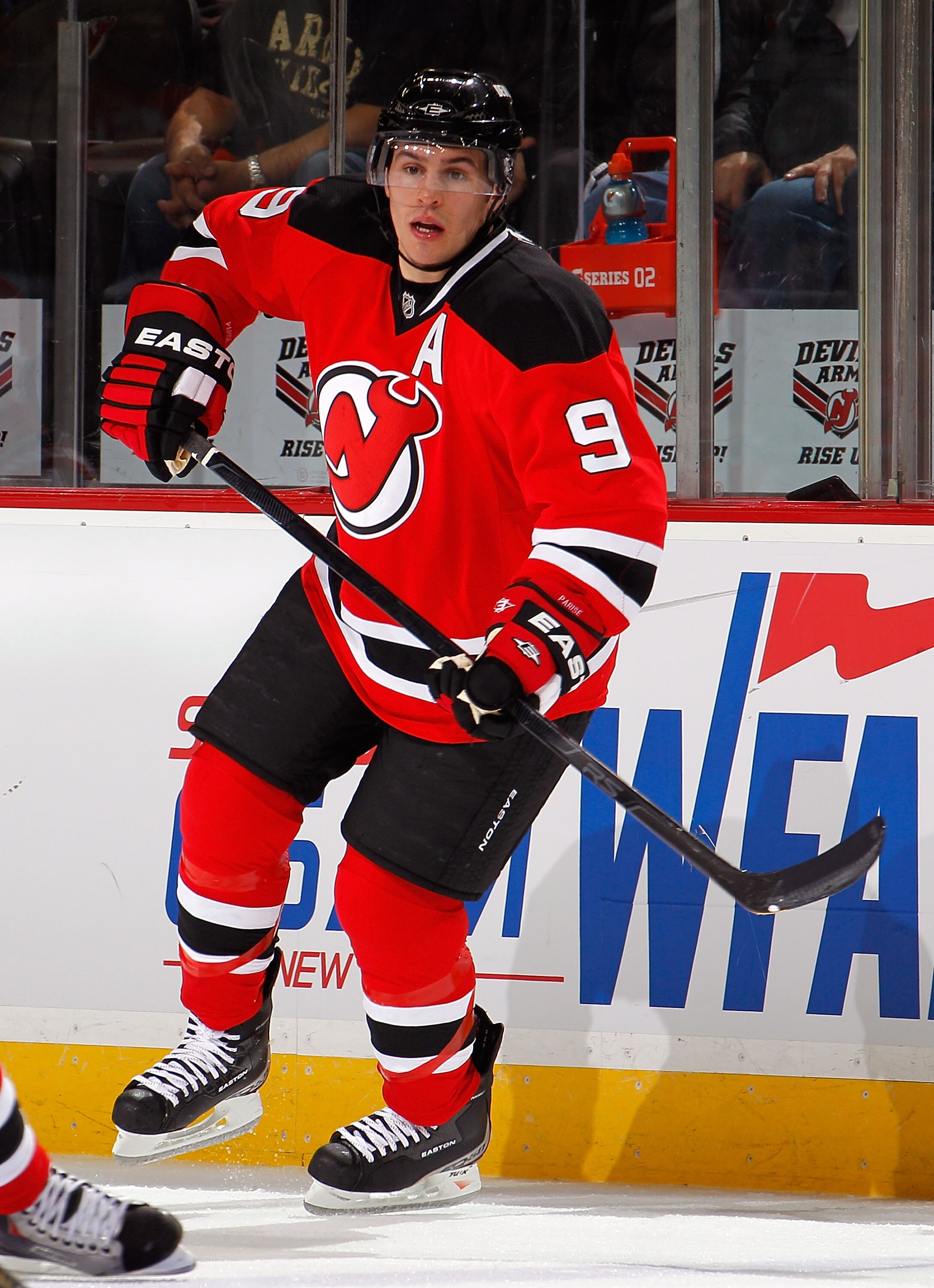 NEWARK, NJ - APRIL 02:  Zach Parise #9 of the New Jersey Devils skates during an NHL hockey game against the Montreal Canadians at the Prudential Center on April 2, 2011 in Newark, New Jersey.  (Photo by Paul Bereswill/Getty Images)