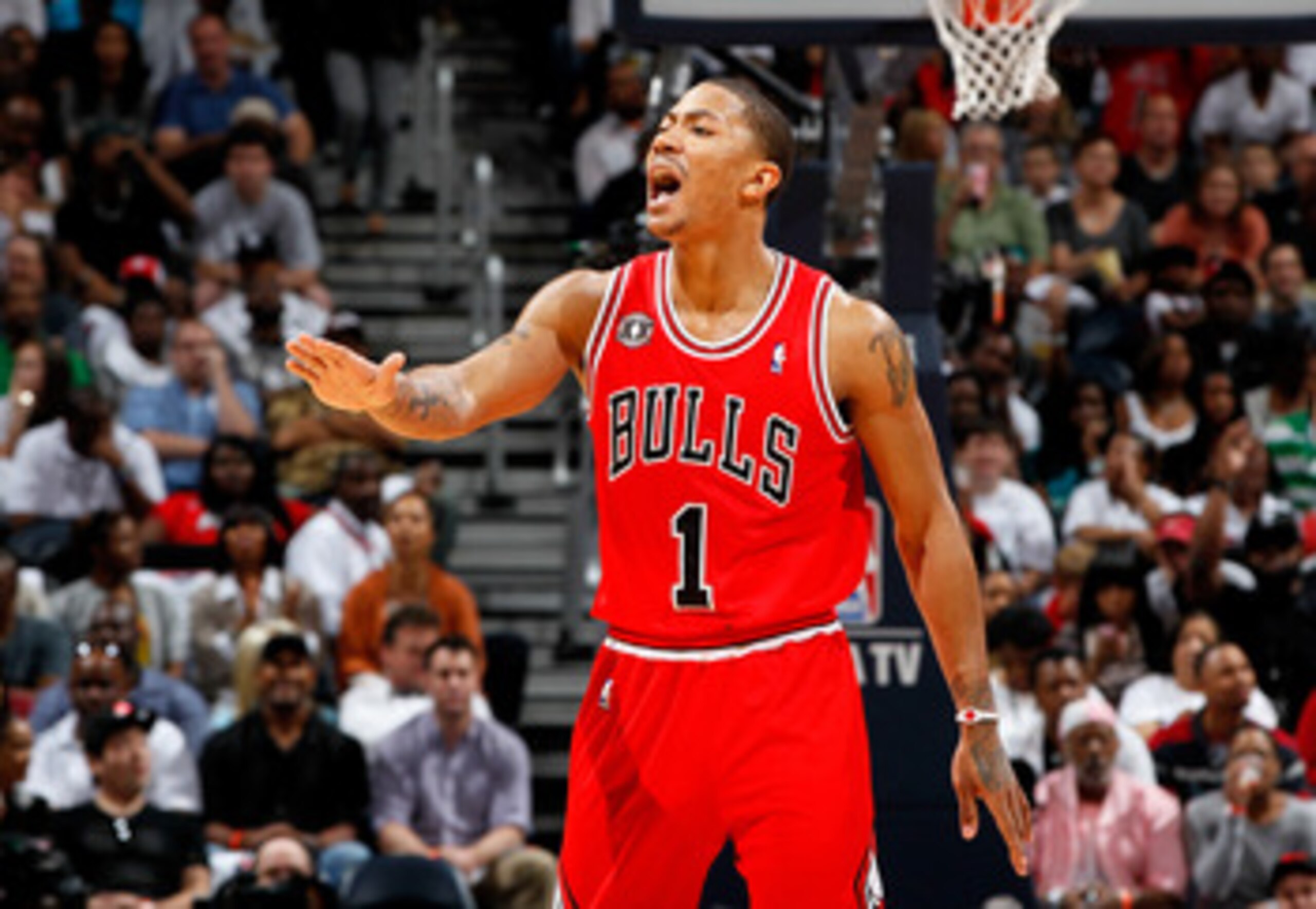 ATLANTA, GA - MAY 06:  Derrick Rose #1 of the Chicago Bulls yells to the bench after scoring against the Atlanta Hawks in Game Three of the Eastern Conference Semifinals in the 2011 NBA Playoffs at Phillips Arena on May 6, 2011 in Atlanta, Georgia.  NOTE
