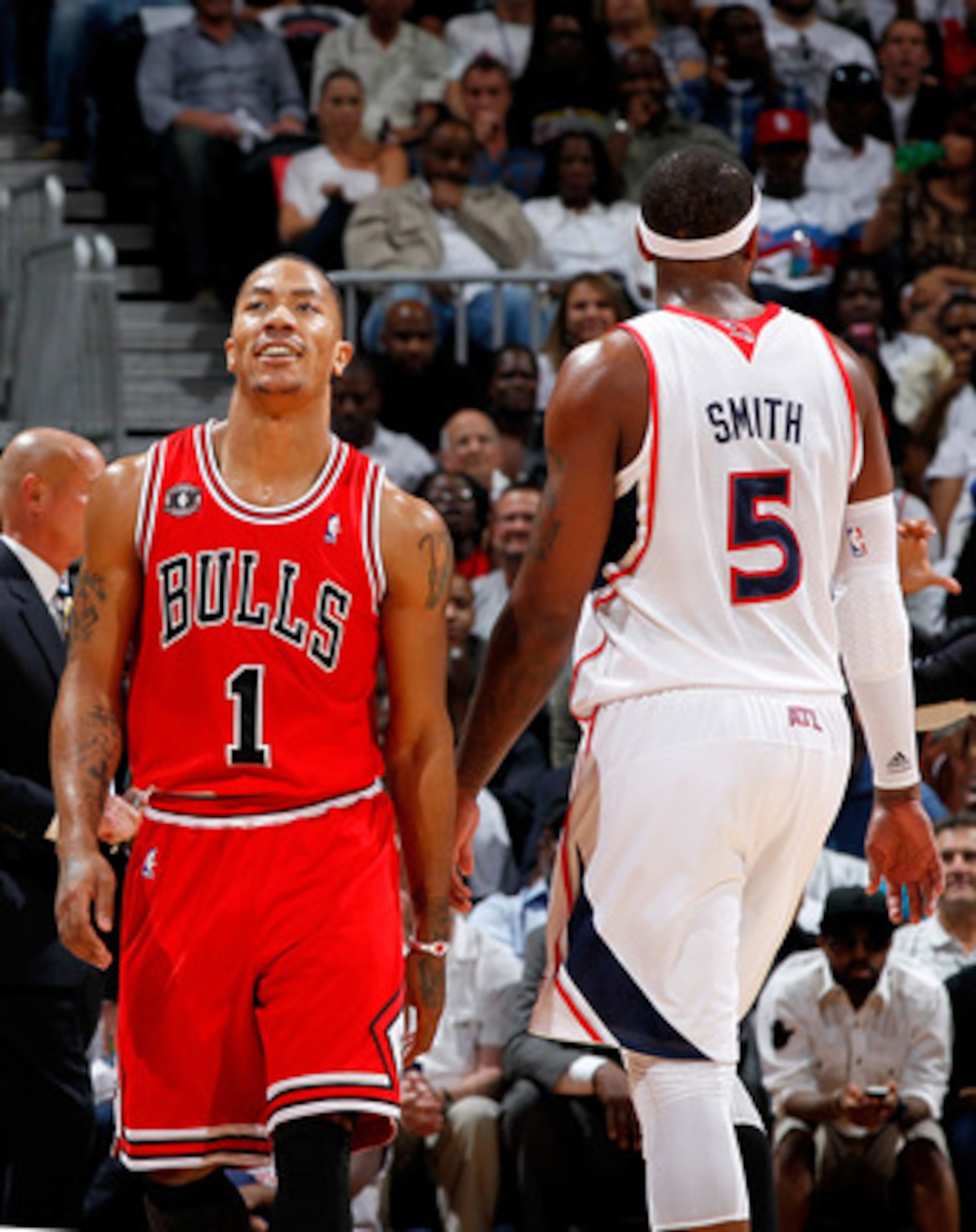 ATLANTA, GA - MAY 06:  Derrick Rose #1 of the Chicago Bulls reacts after scoring against the Atlanta Hawks in Game Three of the Eastern Conference Semifinals in the 2011 NBA Playoffs at Phillips Arena on May 6, 2011 in Atlanta, Georgia.  NOTE TO USER: Use