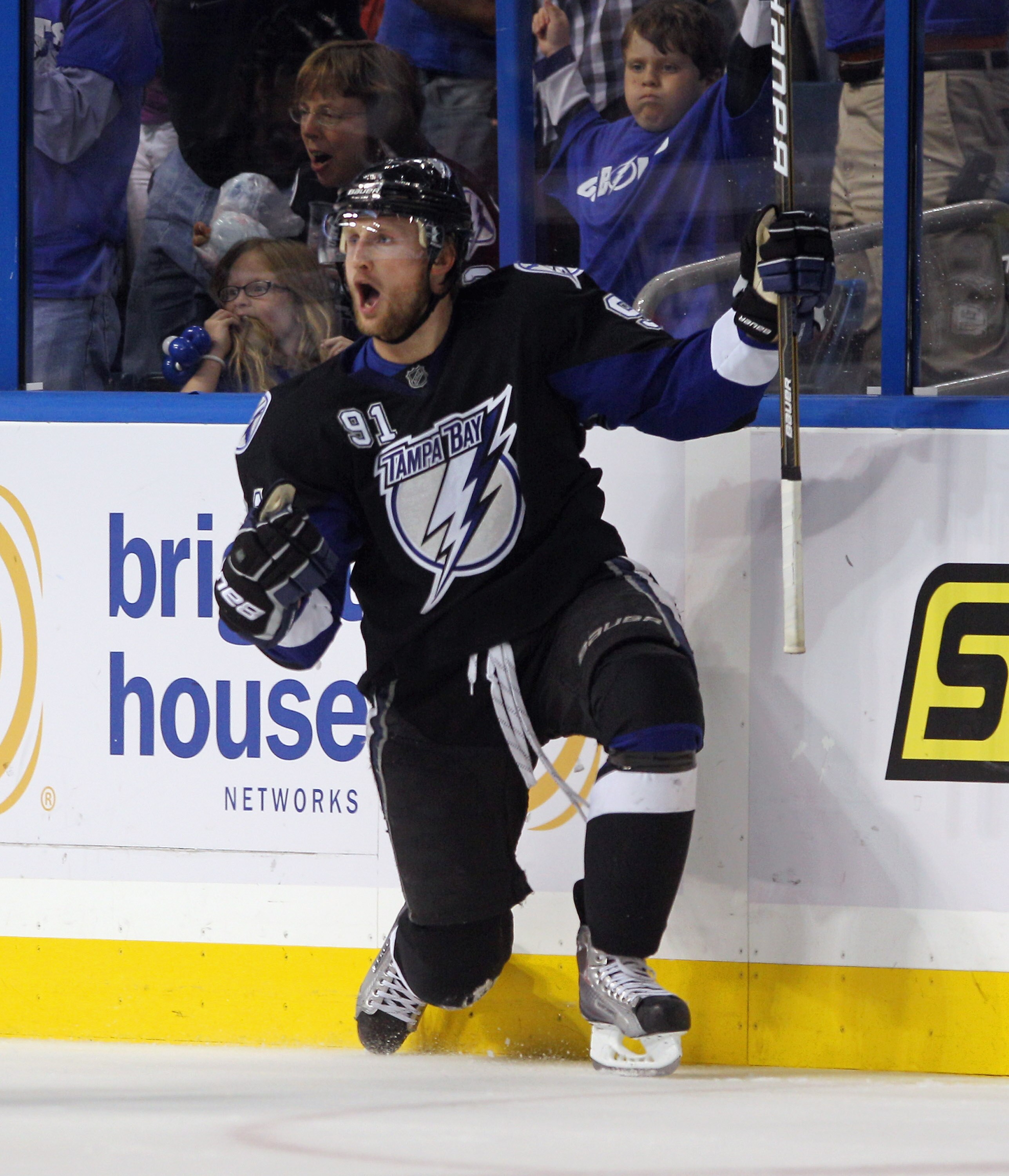 TAMPA, FL - MAY 03:  Steven Stamkos #91 of the Tampa Bay Lightning scores the game tying goal in the third period against the Washington Capitals in Game Three of the Eastern Conference Semifinals during the 2011 NHL Stanley Cup Playoffs at St Pete Times