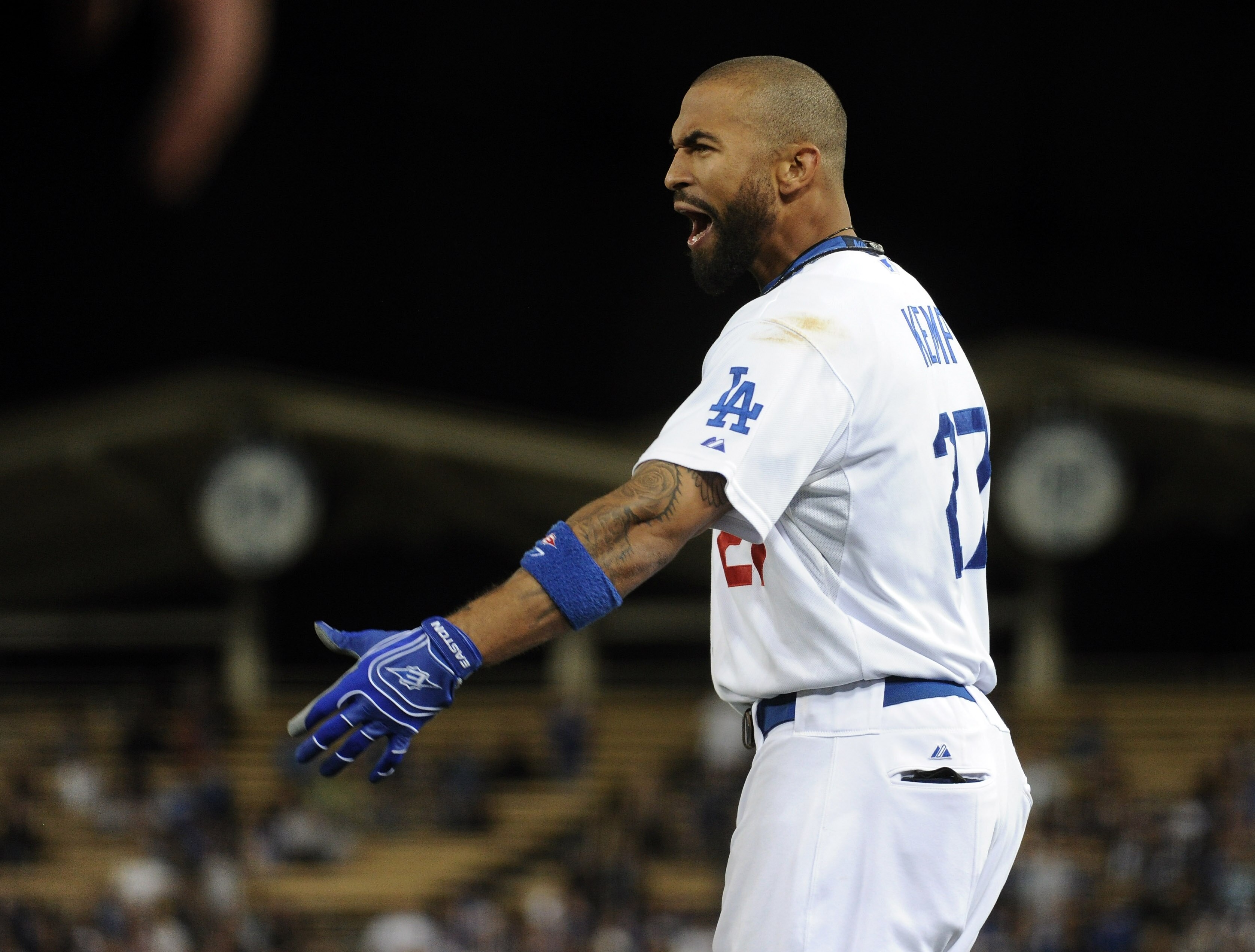 LOS ANGELES, CA - APRIL 30:  Matt Kemp #27 of the Los Angeles Dodgers reacts after he was called out at first base duriing the sixth inning against the San Diego Padres at Dodger Stadium on April 30, 2011 in Los Angeles, California.  (Photo by Harry How/G