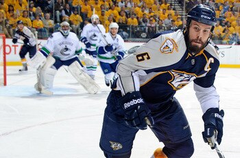 NASHVILLE, TN - MAY 03:   Shea Weber #6 of the Nashville Predators skates against the Vancouver Canucks in Game Three of the Western Conference Semifinals during the 2011 NHL Stanley Cup Playoffs at Bridgestone Arena on May 3, 2011 in Nashville, Tennessee