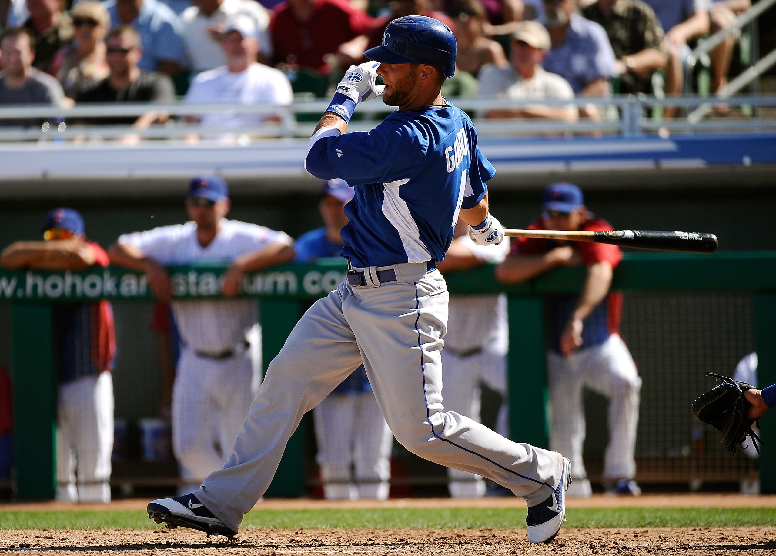 MESA, AZ - MARCH 09:  Alex Gordon #4 of the Kansas City Royals plays against the Chicago Cubs during the spring training baseball game at HoHoKam Stadium on March 9, 2011 in Mesa, Arizona.  (Photo by Kevork Djansezian/Getty Images)