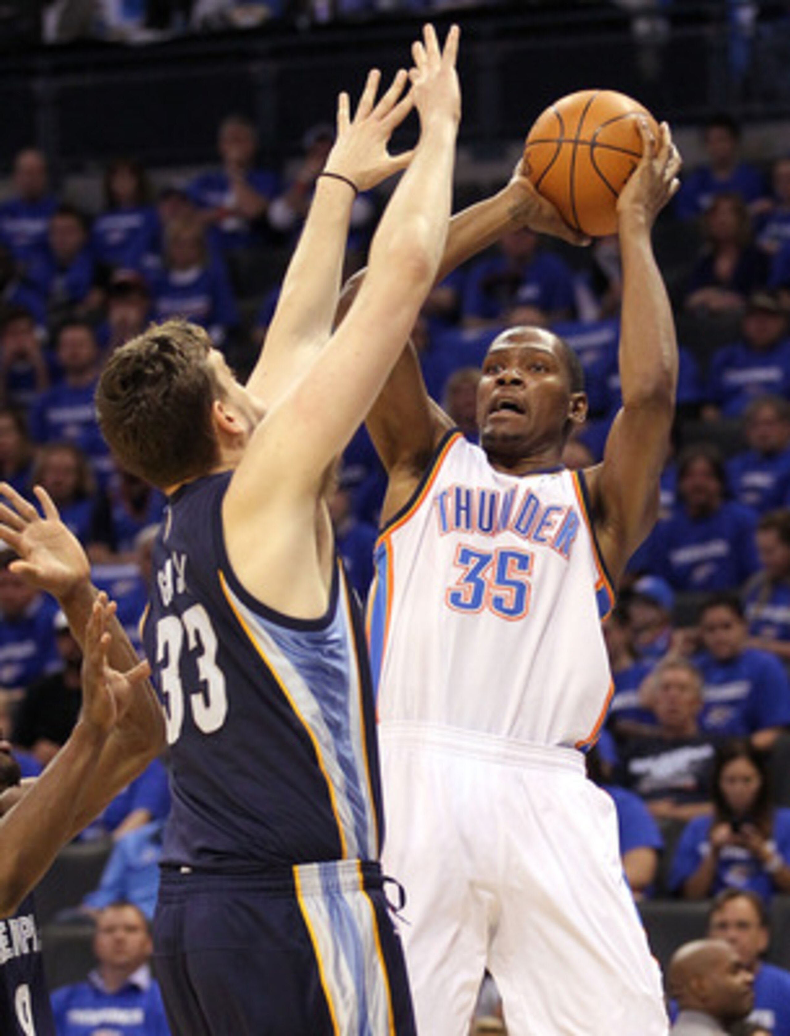 OKLAHOMA CITY, OK - MAY 03:  Forward Kevin Durant #35 of the Oklahoma City Thunder takes a shot against Marc Gasol #33 of the Memphis Grizzlies in Game Two of the Western Conference Semifinals in the 2011 NBA Playoffs on May 3, 2011 at Oklahoma City Arena