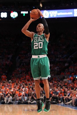 NEW YORK, NY - APRIL 24:  Ray Allen #20 of the Boston Celtics attempts a shot against the New York Knicks in Game Four of the Eastern Conference Quarterfinals during the 2011 NBA Playoffs on April 24, 2011 at Madison Square Garden in New York City. NOTE T