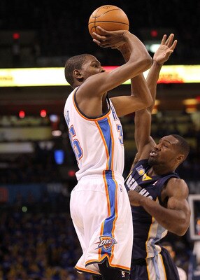 OKLAHOMA CITY, OK - MAY 03:  Forward Kevin Durant #35 of the Oklahoma City Thunder takes a shot against Tony Allen #9 of the Memphis Grizzlies in Game Two of the Western Conference Semifinals in the 2011 NBA Playoffs on May 3, 2011 at Oklahoma City Arena 