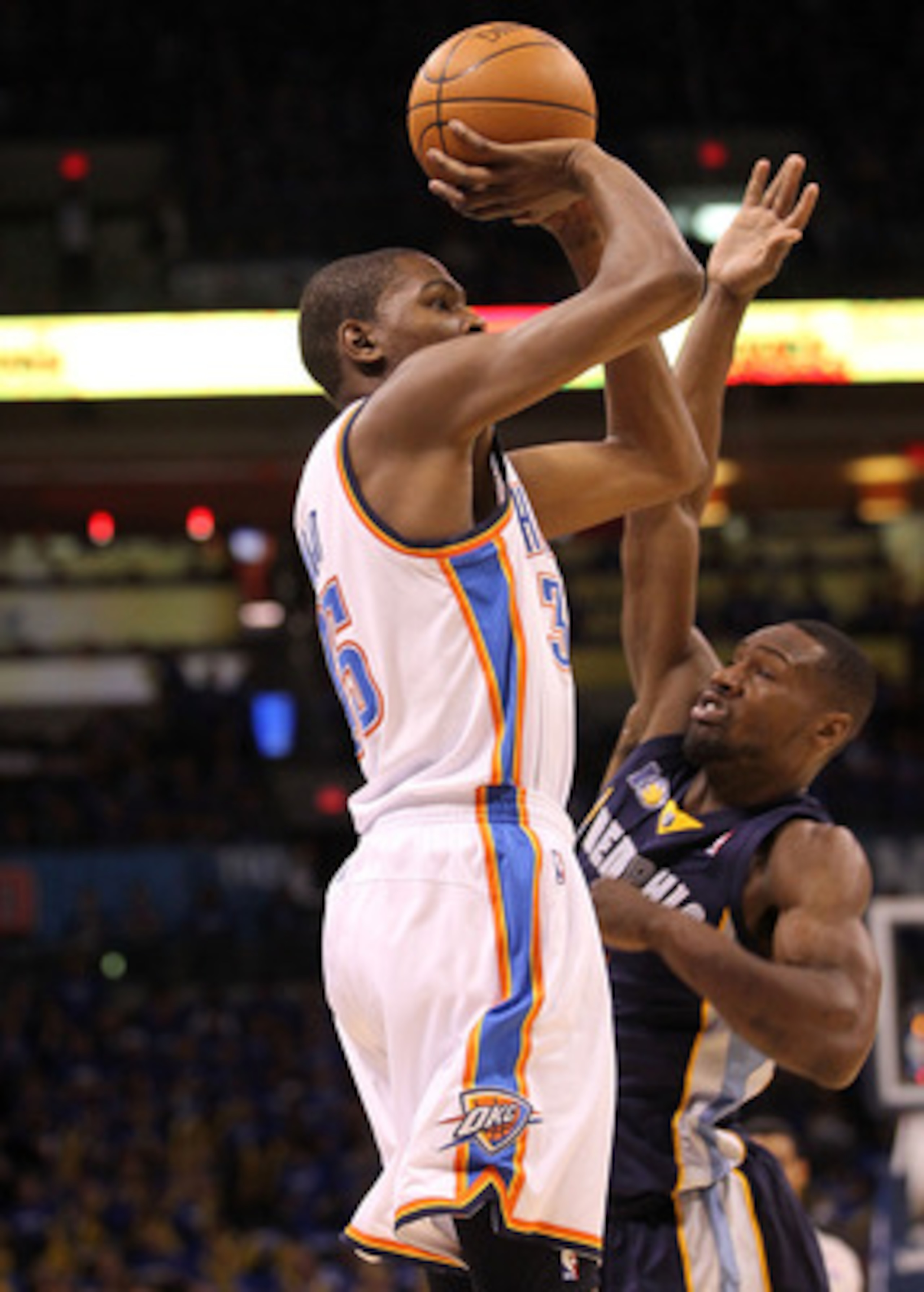 OKLAHOMA CITY, OK - MAY 03:  Forward Kevin Durant #35 of the Oklahoma City Thunder takes a shot against Tony Allen #9 of the Memphis Grizzlies in Game Two of the Western Conference Semifinals in the 2011 NBA Playoffs on May 3, 2011 at Oklahoma City Arena 