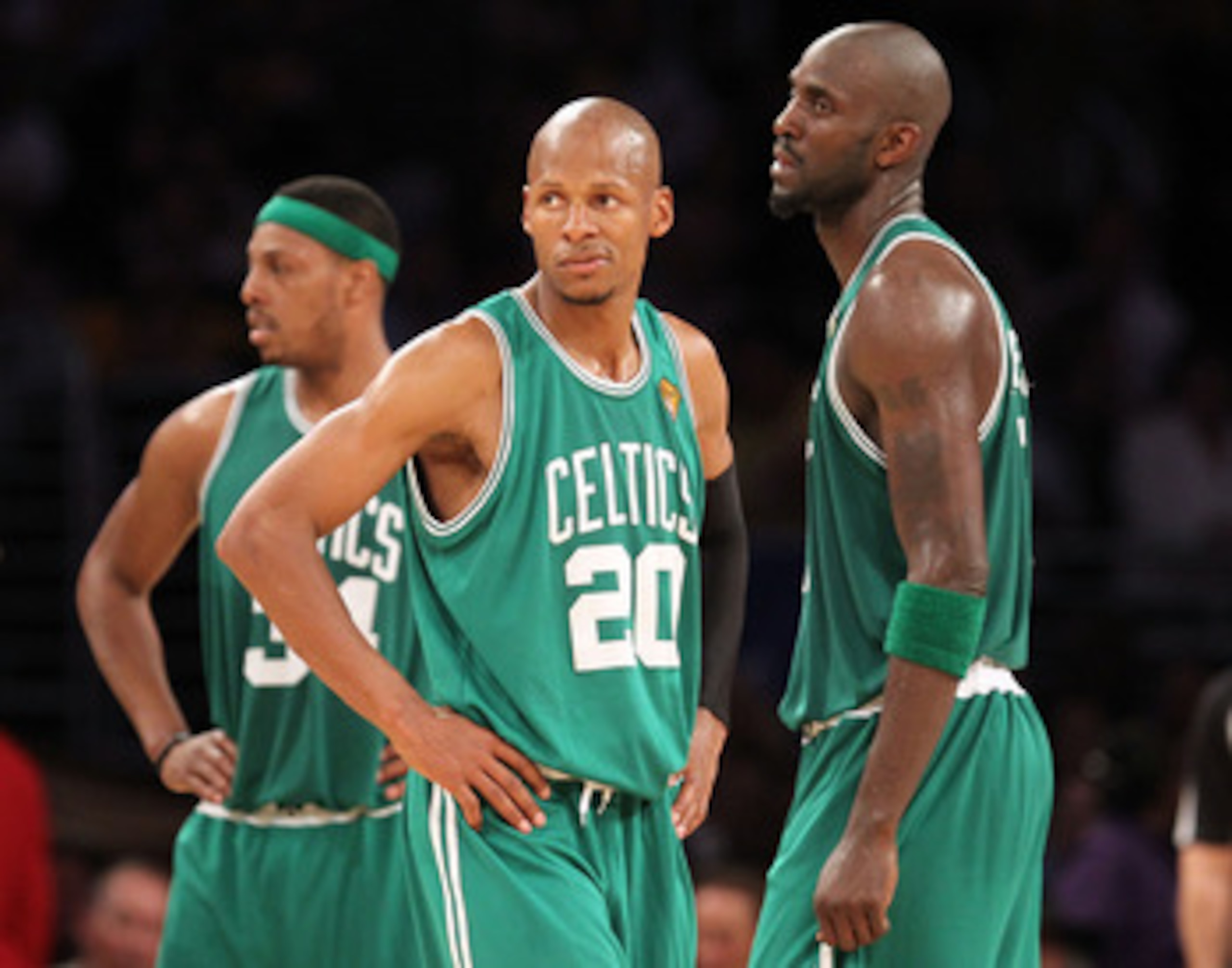 LOS ANGELES, CA - JUNE 15:  (L-R) Paul Pierce #34, Ray Allen #20 and Kevin Garnett #5 of the Boston Celtics look on in the second half while taking on the Los Angeles Lakers in Game Six of the 2010 NBA Finals at Staples Center on June 15, 2010 in Los Ange