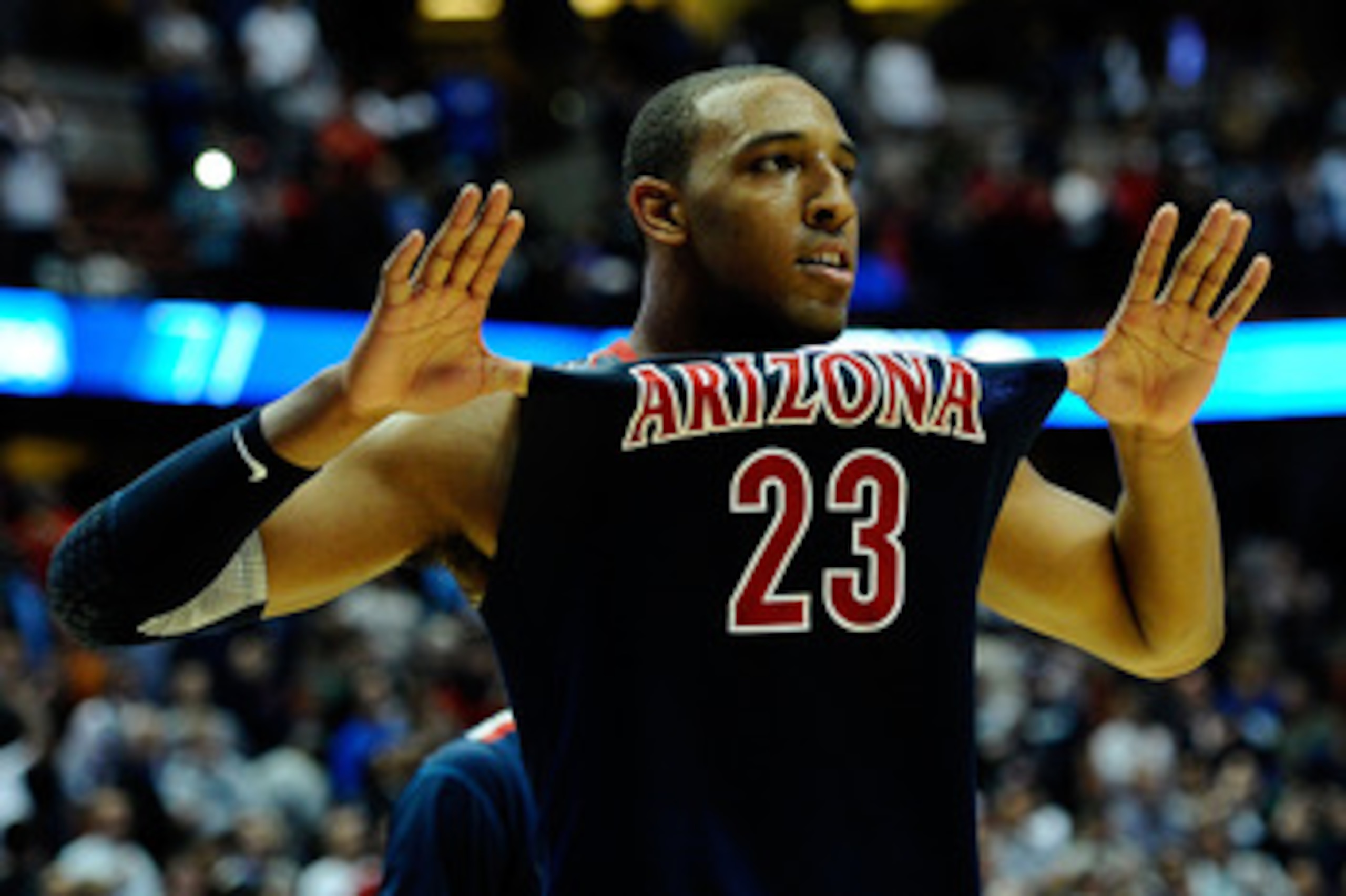 ANAHEIM, CA - MARCH 24:  Derrick Williams #23 of the Arizona Wildcats reacts after defeating the Duke Blue Devils during the west regional semifinal of the 2011 NCAA men's basketball tournament at the Honda Center on March 24, 2011 in Anaheim, California.