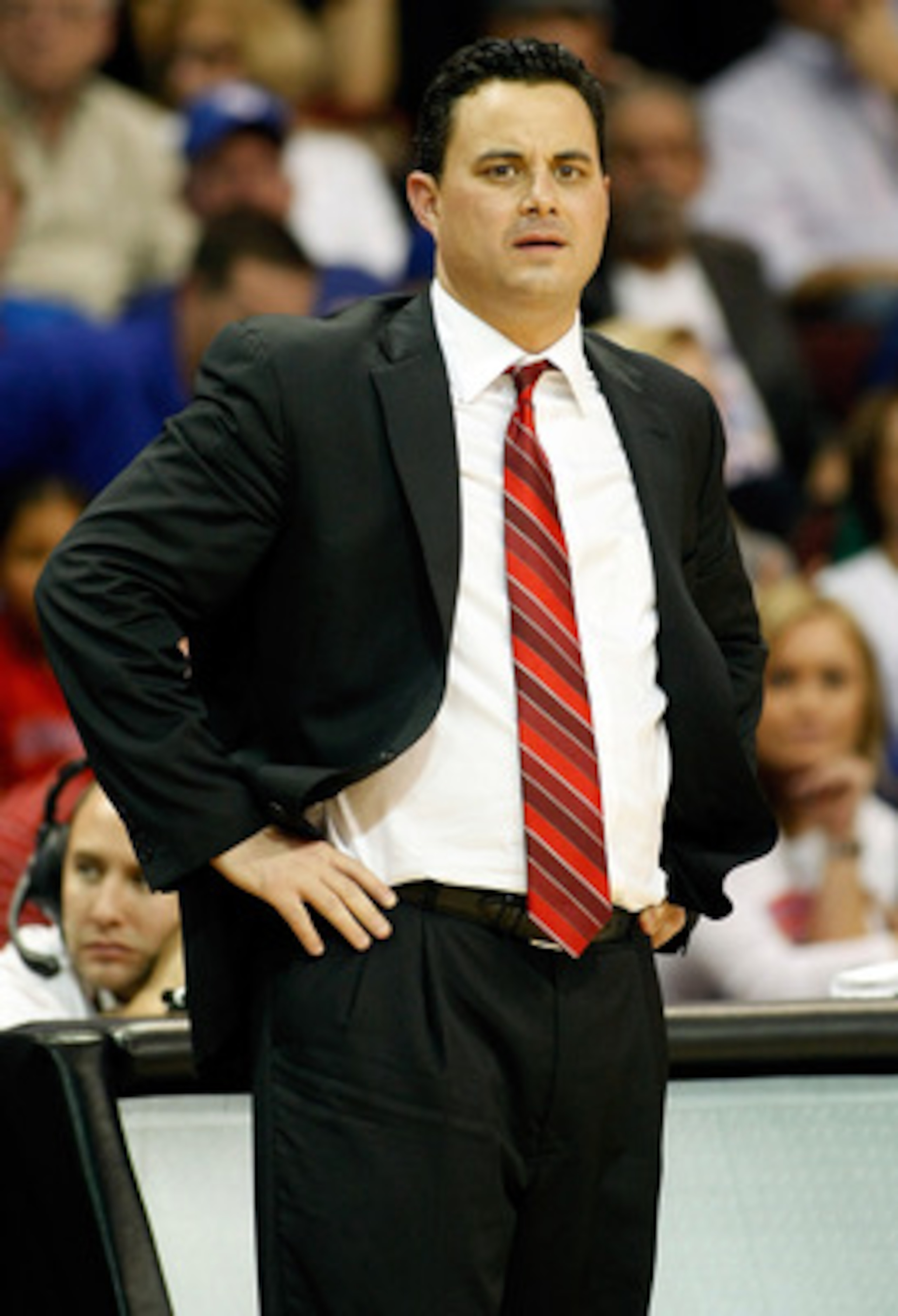 LAS VEGAS - NOVEMBER 27:  Head coach Sean Miller of the Arizona Wildcats looks on during his team's 87-79 loss to the Kansas Jayhawks in the championship game of the Las Vegas Invitational at The Orleans Arena November 27, 2010 in Las Vegas, Nevada.  (Pho
