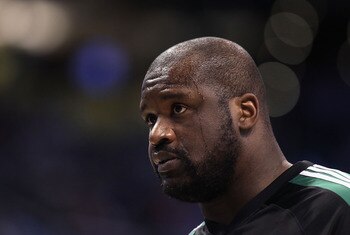PHOENIX, AZ - JANUARY 28:  Shaquille O'Neal #36 of the Boston Celtics warm up before the NBA game against the Phoenix Suns at US Airways Center on January 28, 2011 in Phoenix, Arizona. The Suns defeated the Celtics 88-71. NOTE TO USER: User expressly ackn